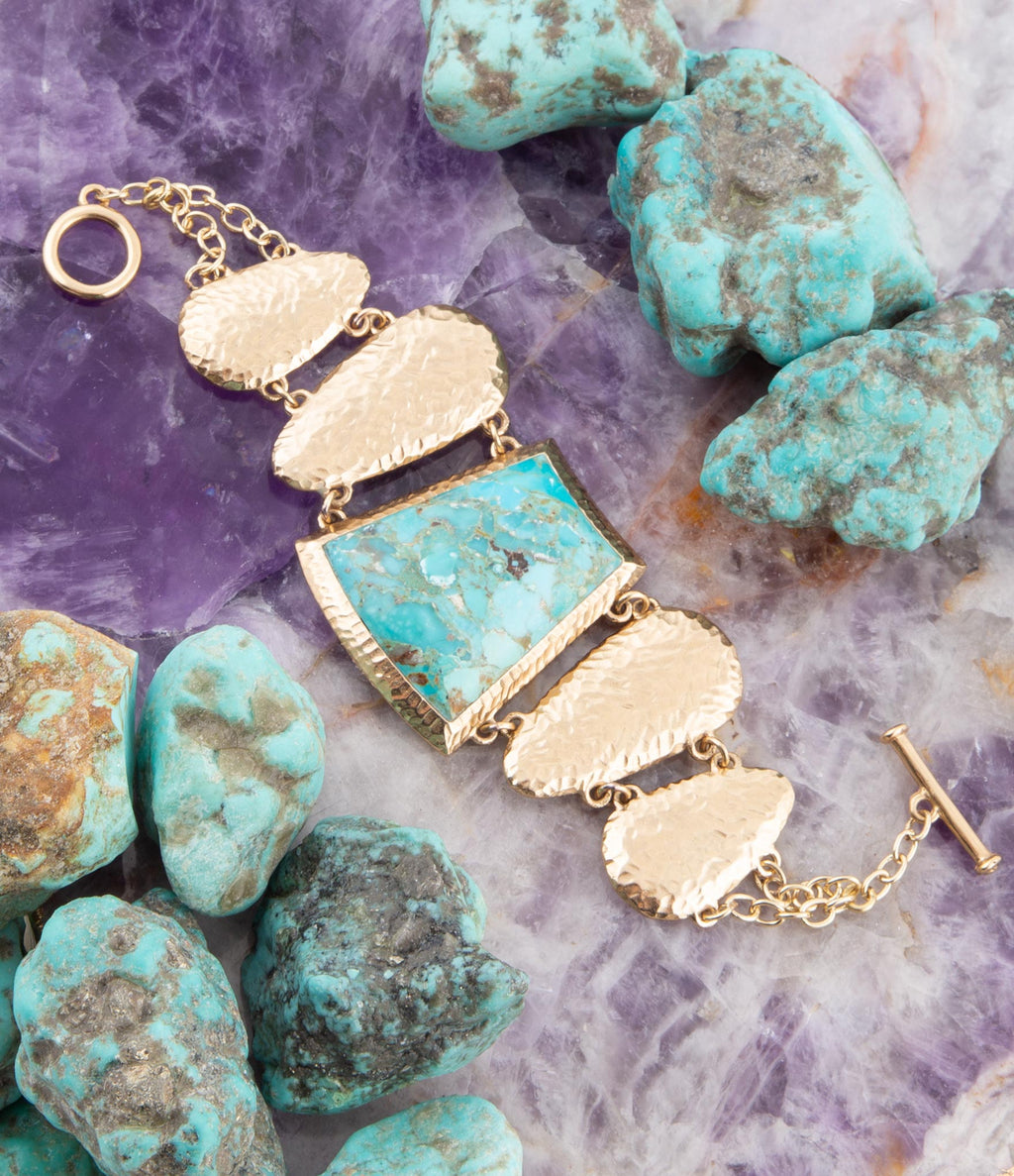 Blue Turquoise Jeweled Statement Link Golden Bracelet