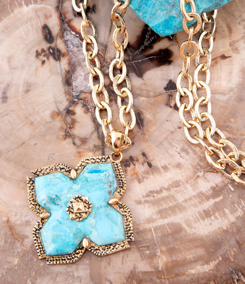 Blue Turquoise Maltese Cross Golden Pendant Necklace