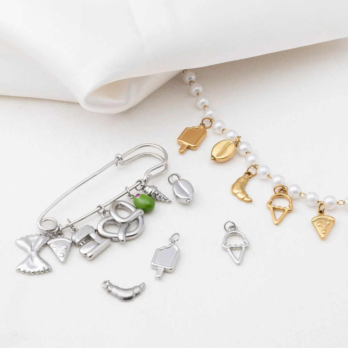 18K Gold PVD Stainless Steel Bowtie Pasta Charm - stainless and gold collection food shot  