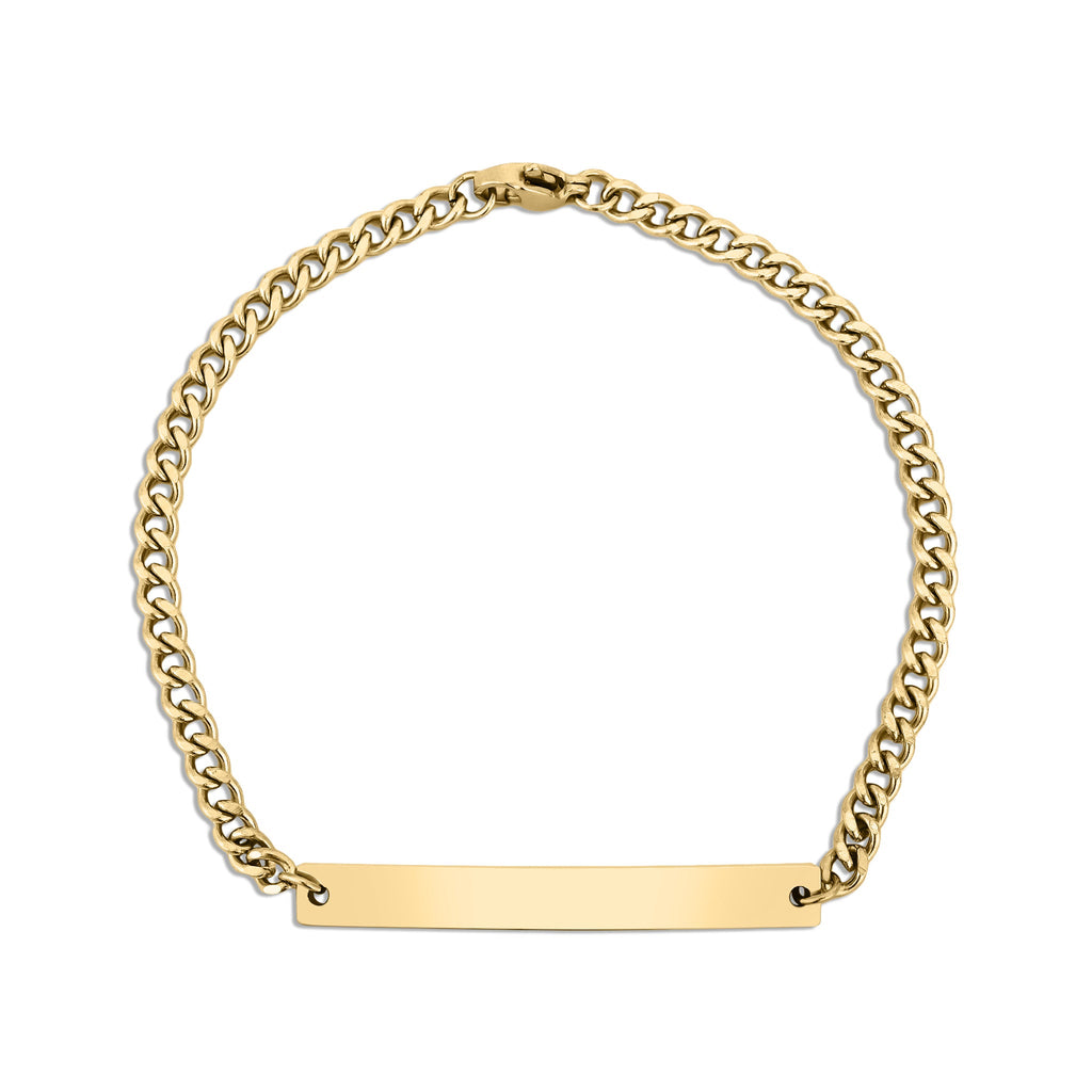 Gold Curb Chain Bracelet | 18K PVD Stainless Steel Curved Bar, Custom Engraved Men’s Jewelry