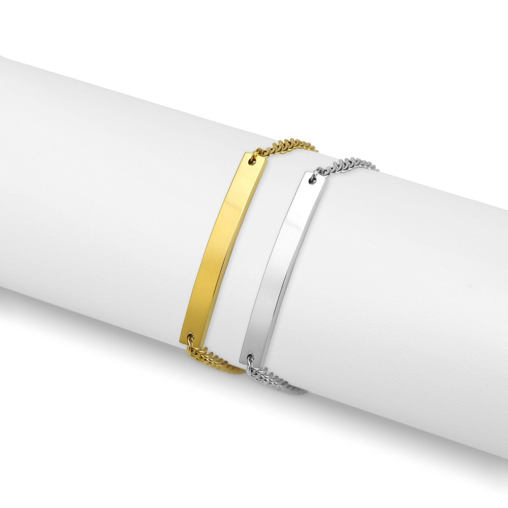Gold Curb Chain Bracelet | 18K PVD Stainless Steel Curved Bar, Custom Engraved Men’s Jewelry