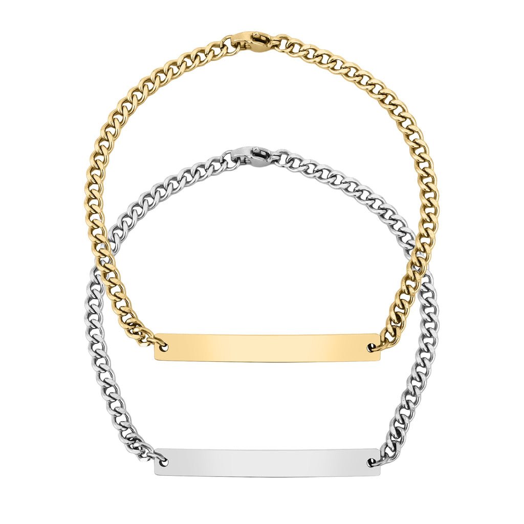 Gold Curb Chain Bracelet | 18K PVD Stainless Steel Curved Bar, Custom Engraved Men’s Jewelry