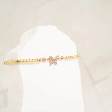 18K Gold PVD Stainless Steel Pink Butterfly Beaded Stretch Bracelet