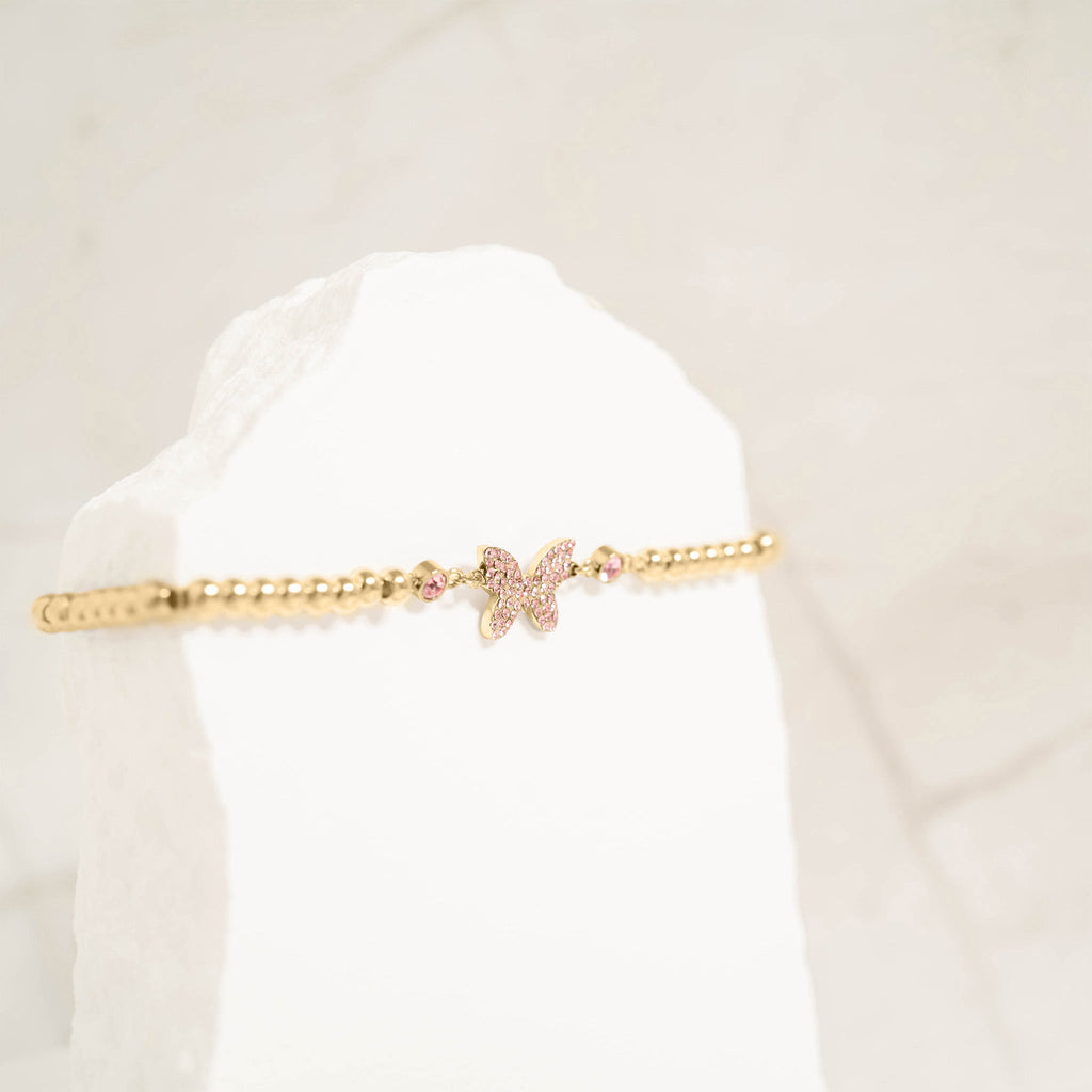 Gold Butterfly Bracelet – Adjustable Stretch Beaded Stainless Steel Charm