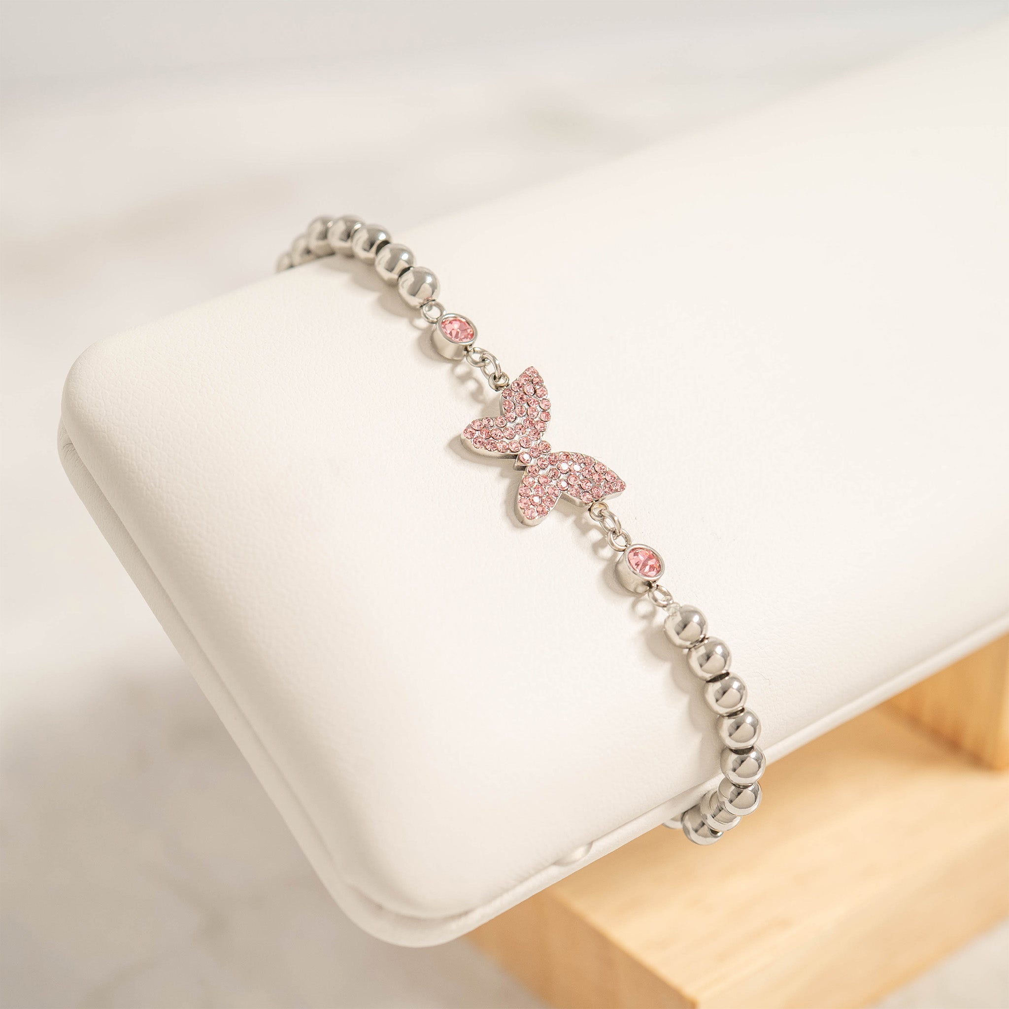 Gold Butterfly Bracelet – Adjustable Stretch Beaded Stainless Steel Charm