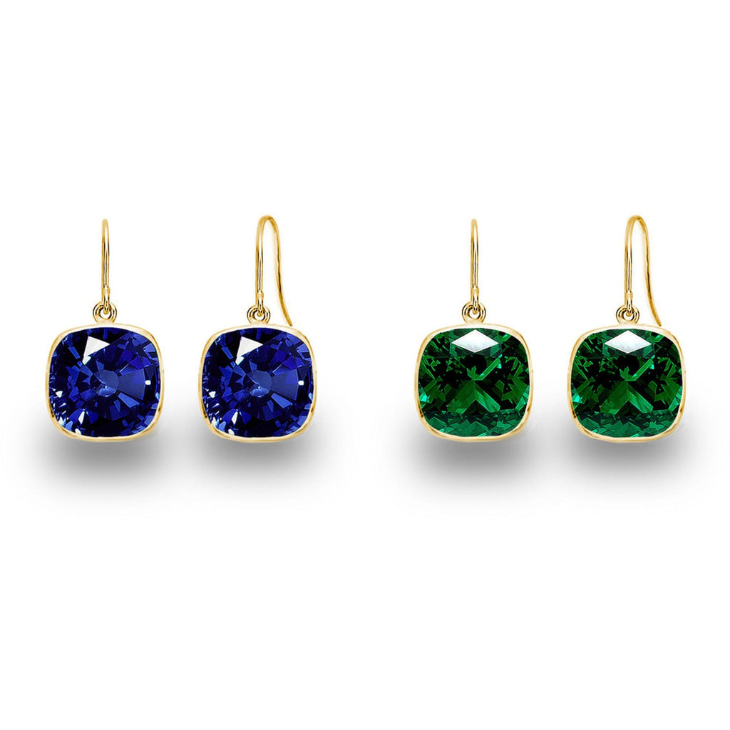 Lab Grown Sapphire Earrings – 14K Gold Drop Earrings with Cushion Cut Emeralds Set
