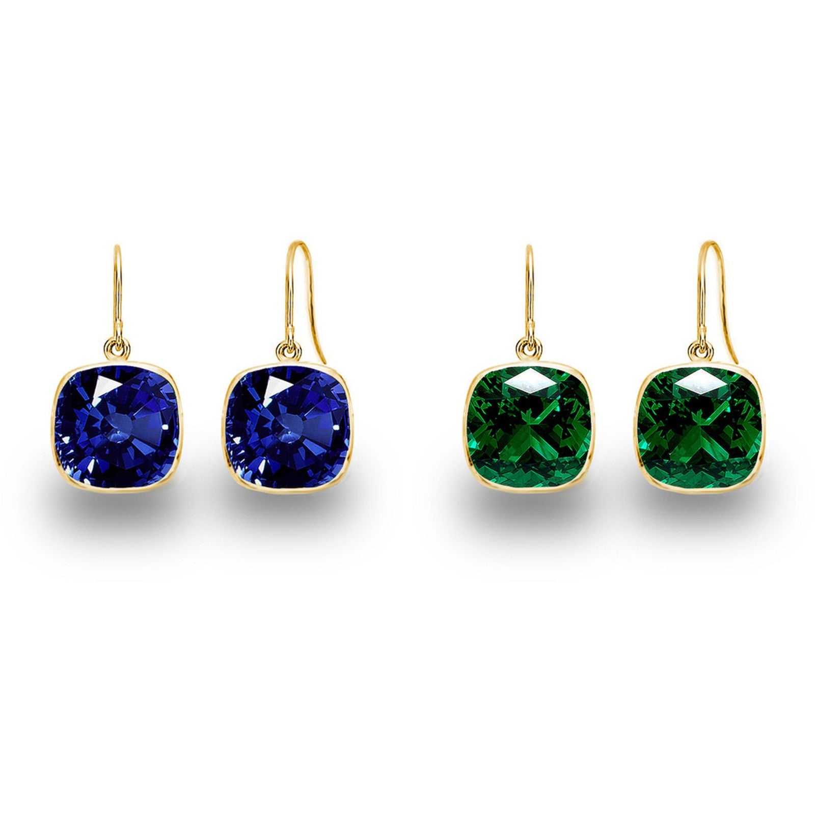 Lab Grown Sapphire Earrings – 14K Gold Drop Earrings with Cushion Cut Emeralds Set
