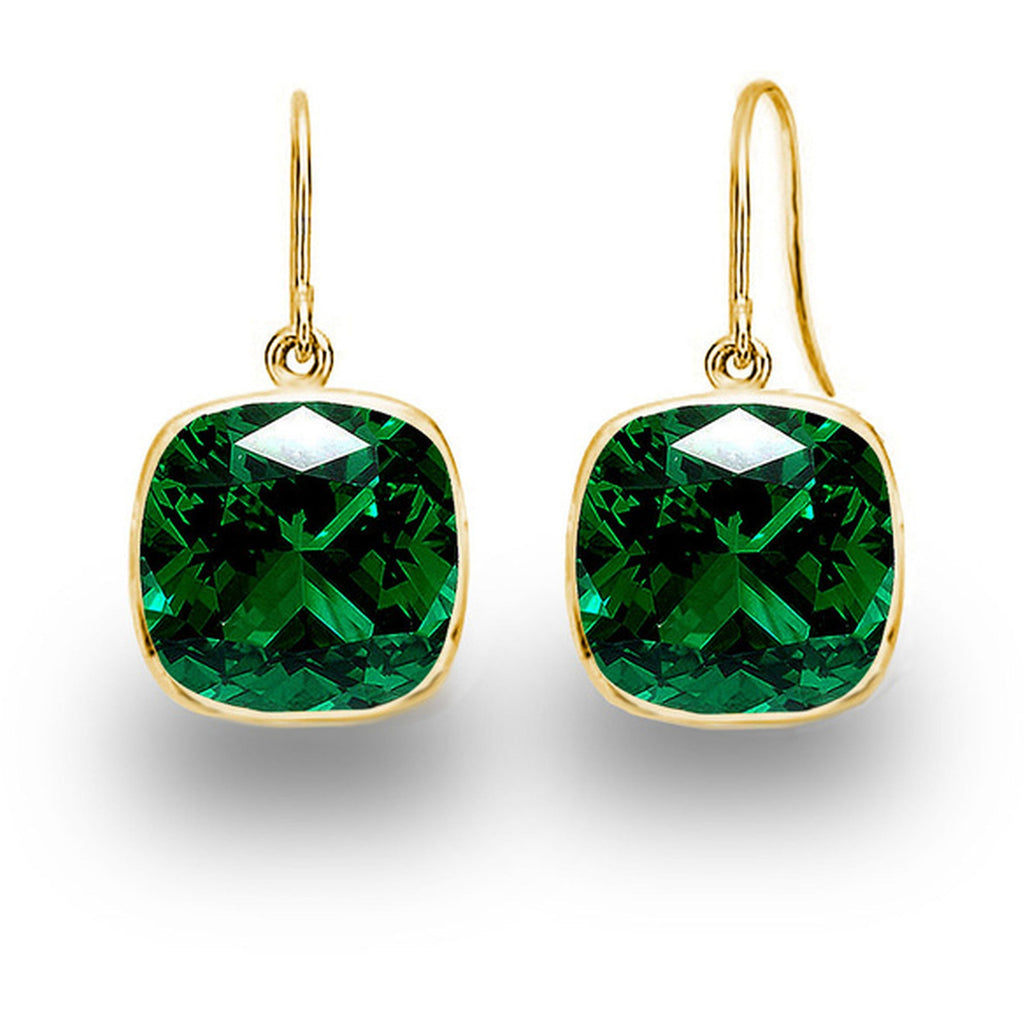 Lab Grown Sapphire Earrings – 14K Gold Drop Earrings with Cushion Cut Emeralds Set
