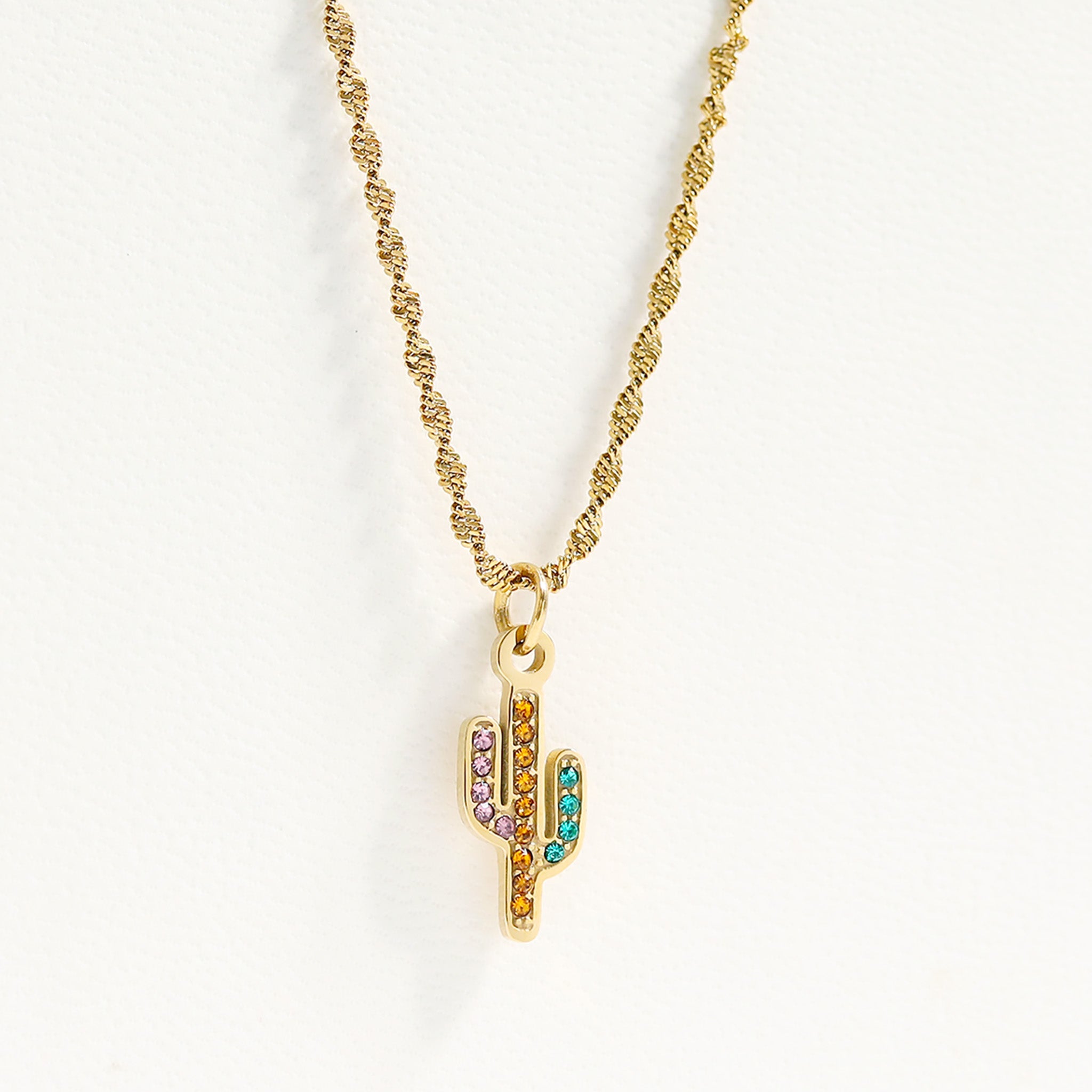 Gold Cactus Charm – 18K Gold Pendant With CZ Stone & Stainless Steel Accent