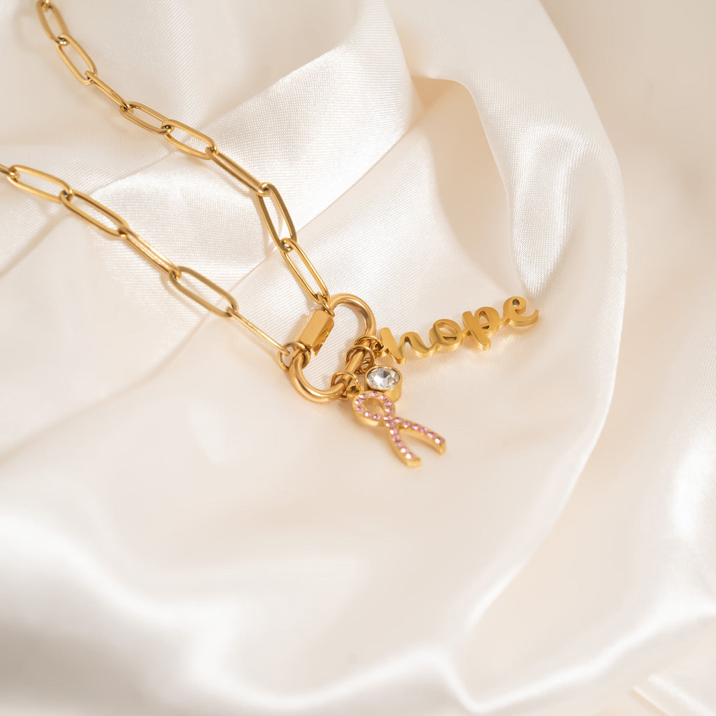 Cancer Awareness Necklace – 18K Gold Stainless Steel Chain with Carabiner Clasp - Necklaces | Sunflower Soul Boutique