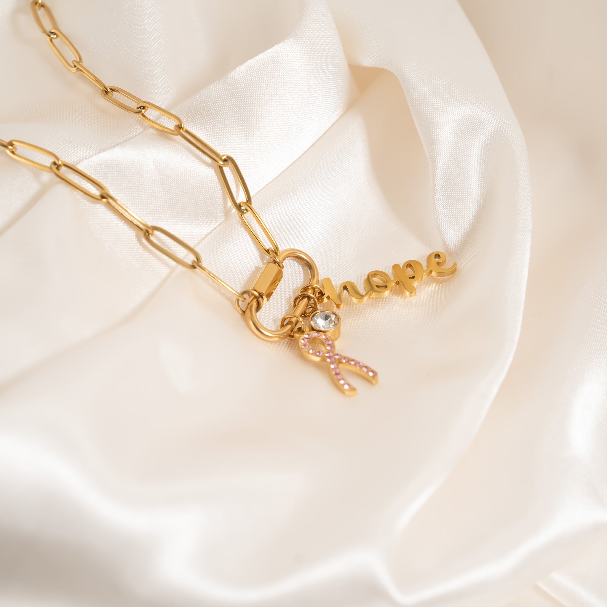 Cancer Awareness Necklace – 18K Gold Stainless Steel Chain with Carabiner Clasp - Necklaces | Sunflower Soul Boutique