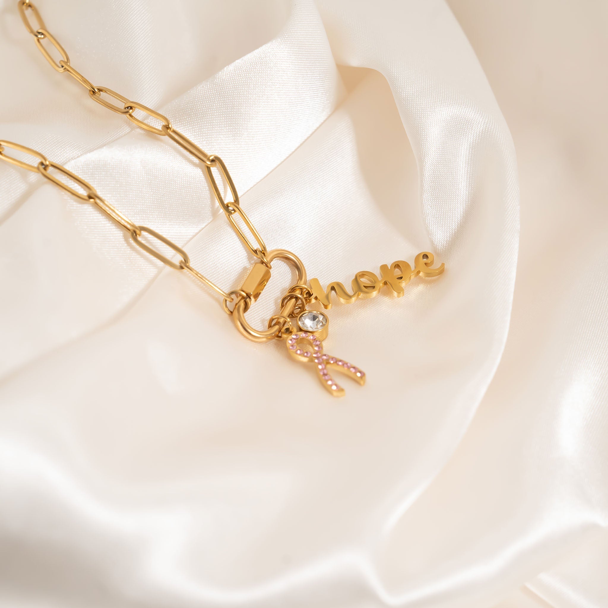 Cancer Awareness Necklace – 18K Gold Stainless Steel Chain with Carabiner Clasp - Necklaces | Sunflower Soul Boutique