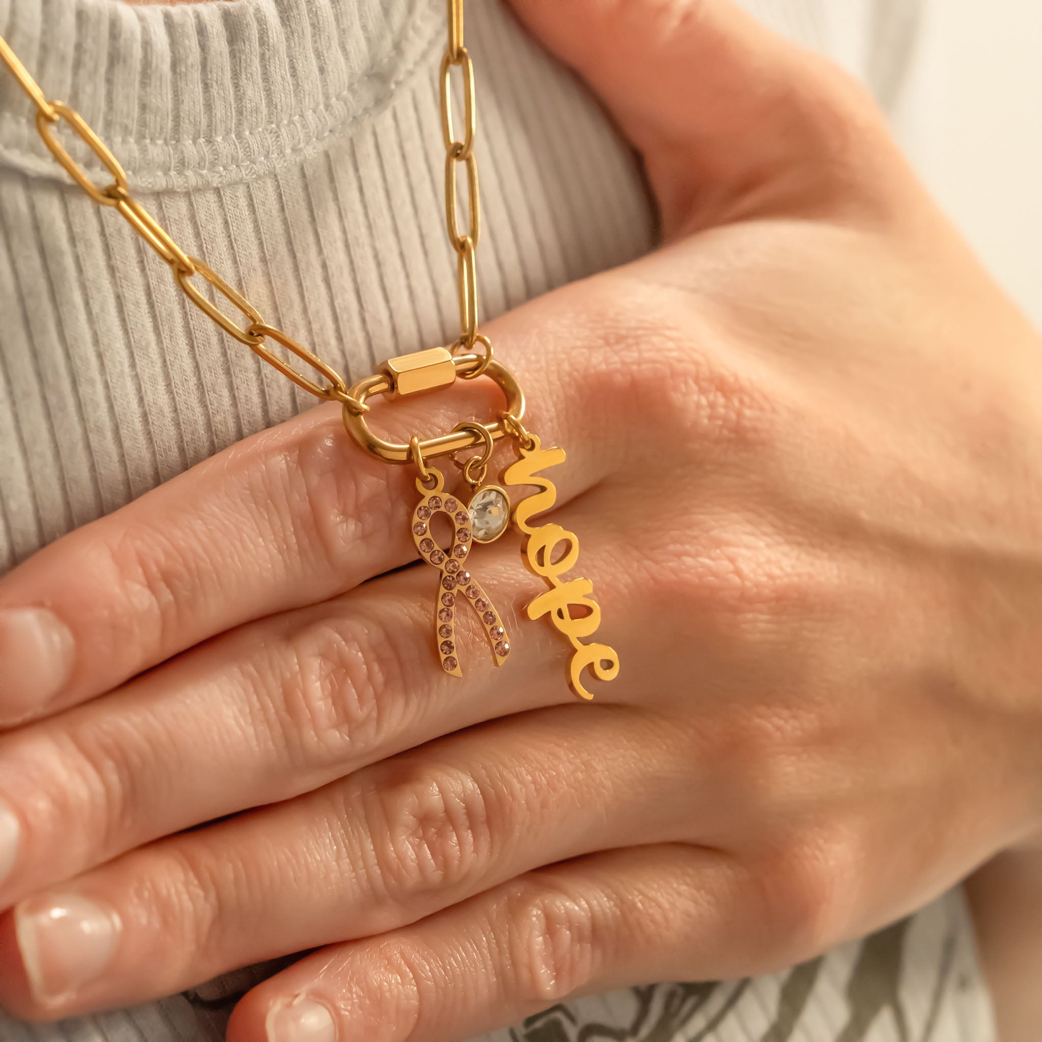 Cancer Awareness Necklace – 18K Gold Stainless Steel Chain with Carabiner Clasp - Necklaces | Sunflower Soul Boutique