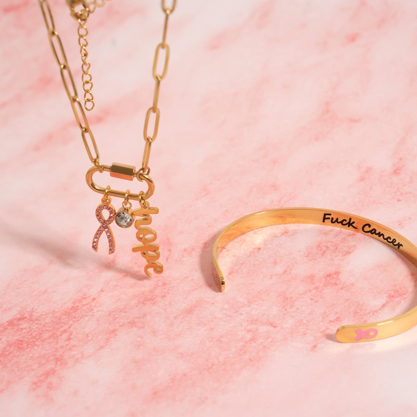 Cancer Awareness Necklace – 18K Gold Stainless Steel Chain with Carabiner Clasp - Necklaces | Sunflower Soul Boutique