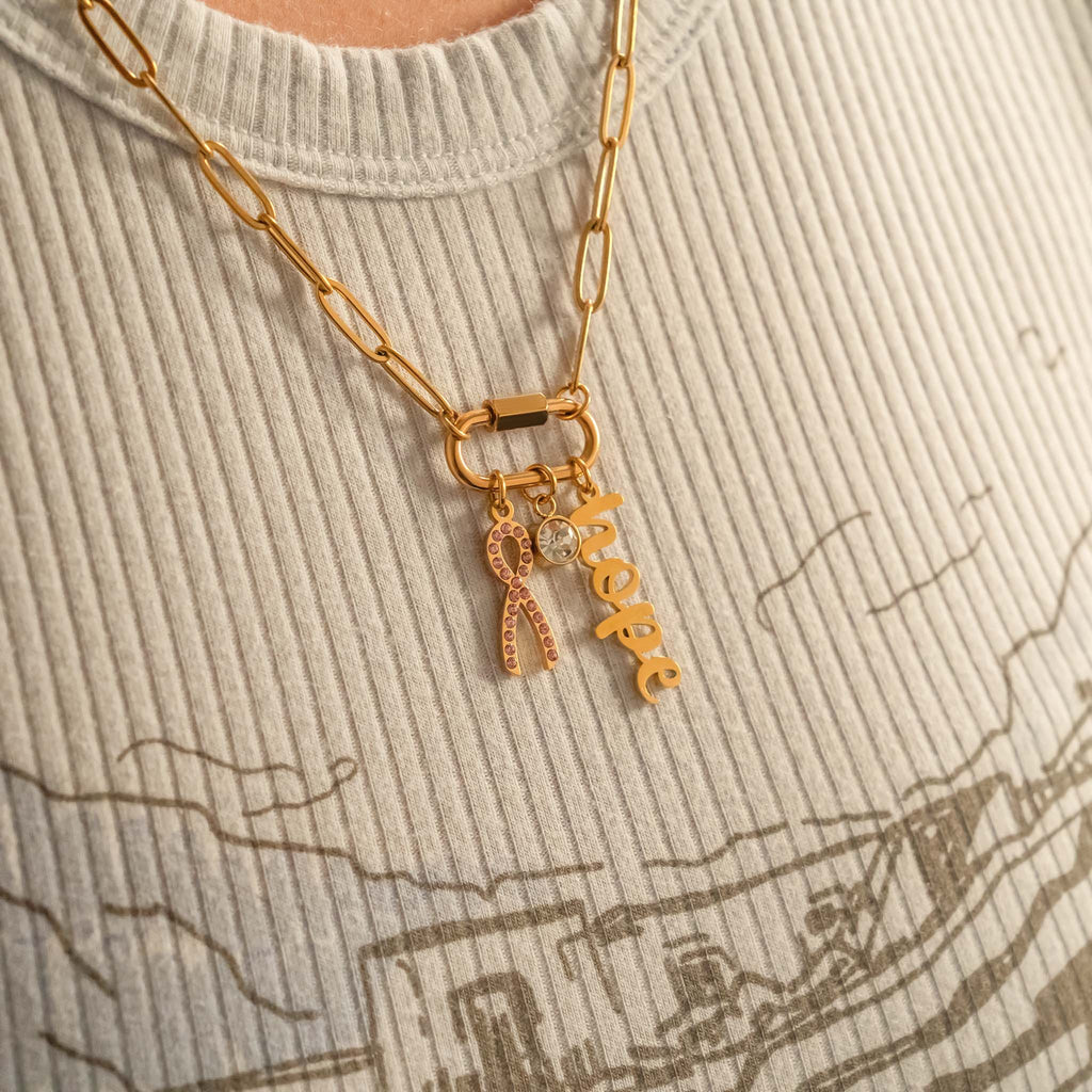 Cancer Awareness Necklace – 18K Gold Stainless Steel Chain with Carabiner Clasp - Necklaces | Sunflower Soul Boutique