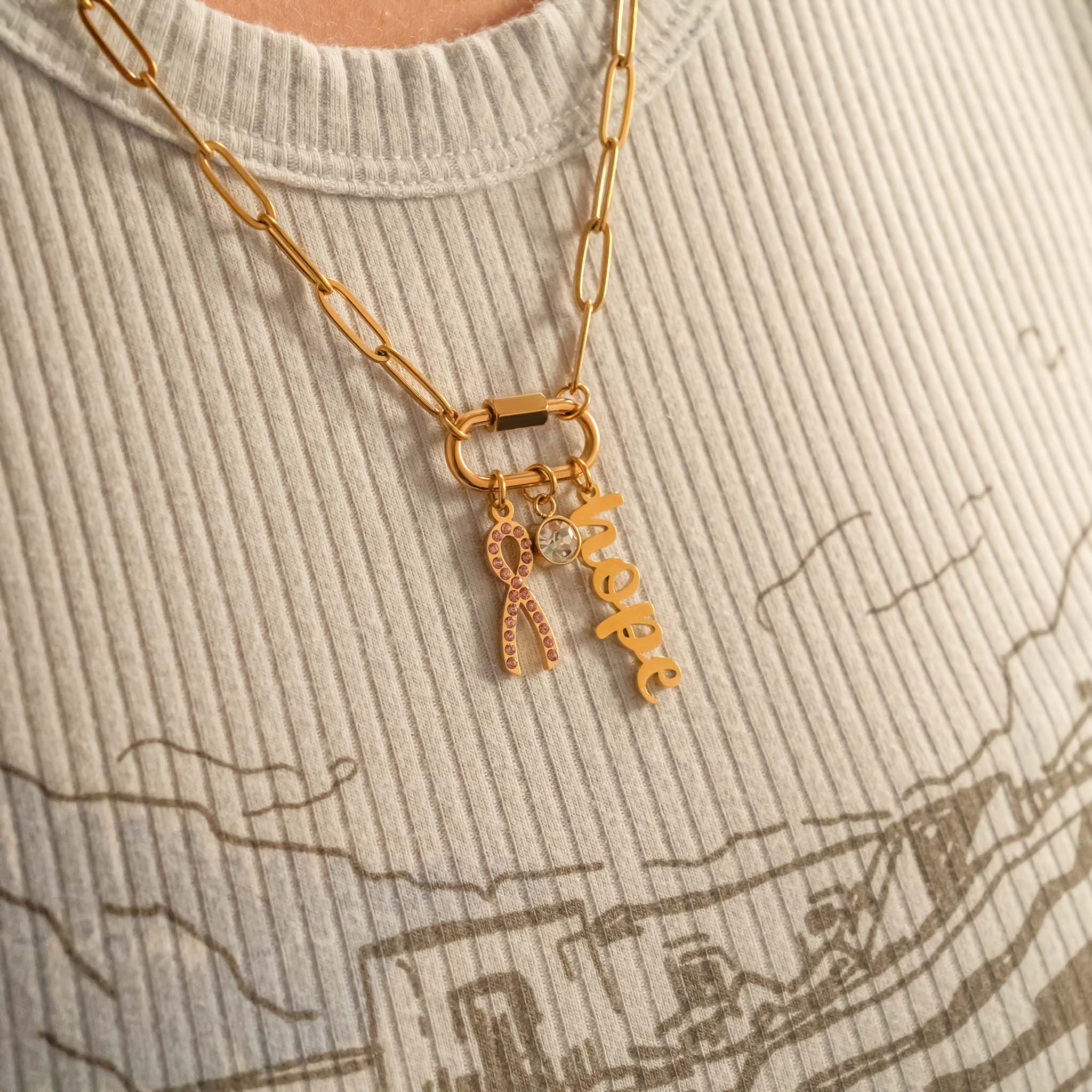 Cancer Awareness Necklace – 18K Gold Stainless Steel Chain with Carabiner Clasp - Necklaces | Sunflower Soul Boutique