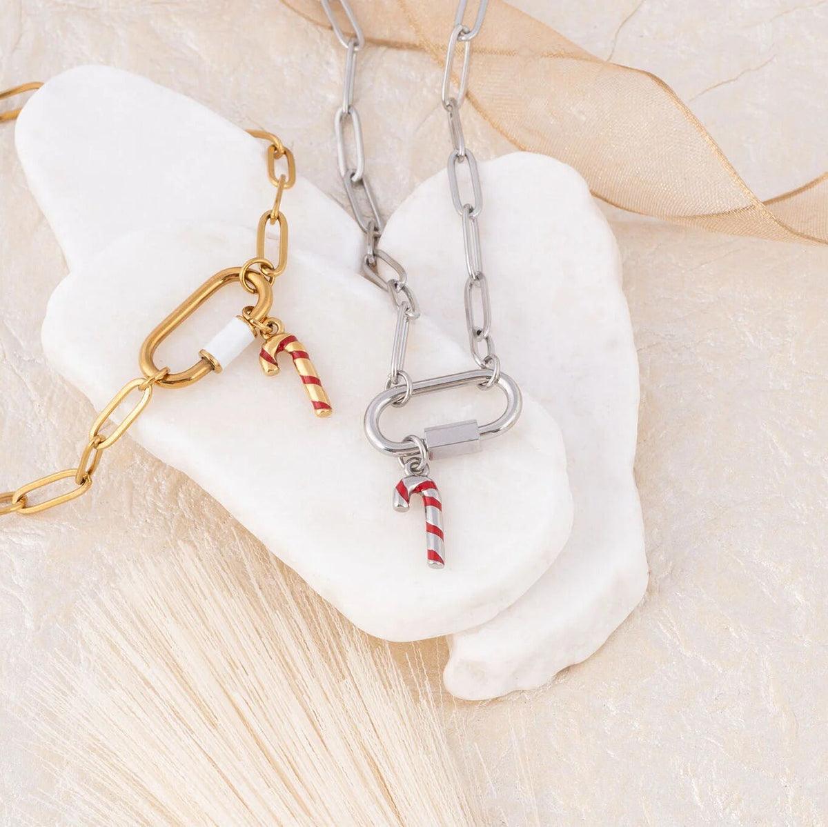 Wholesale Jewelry 18K Gold PVD Stainless Steel Candy Cane Charm- gold and stainless studio