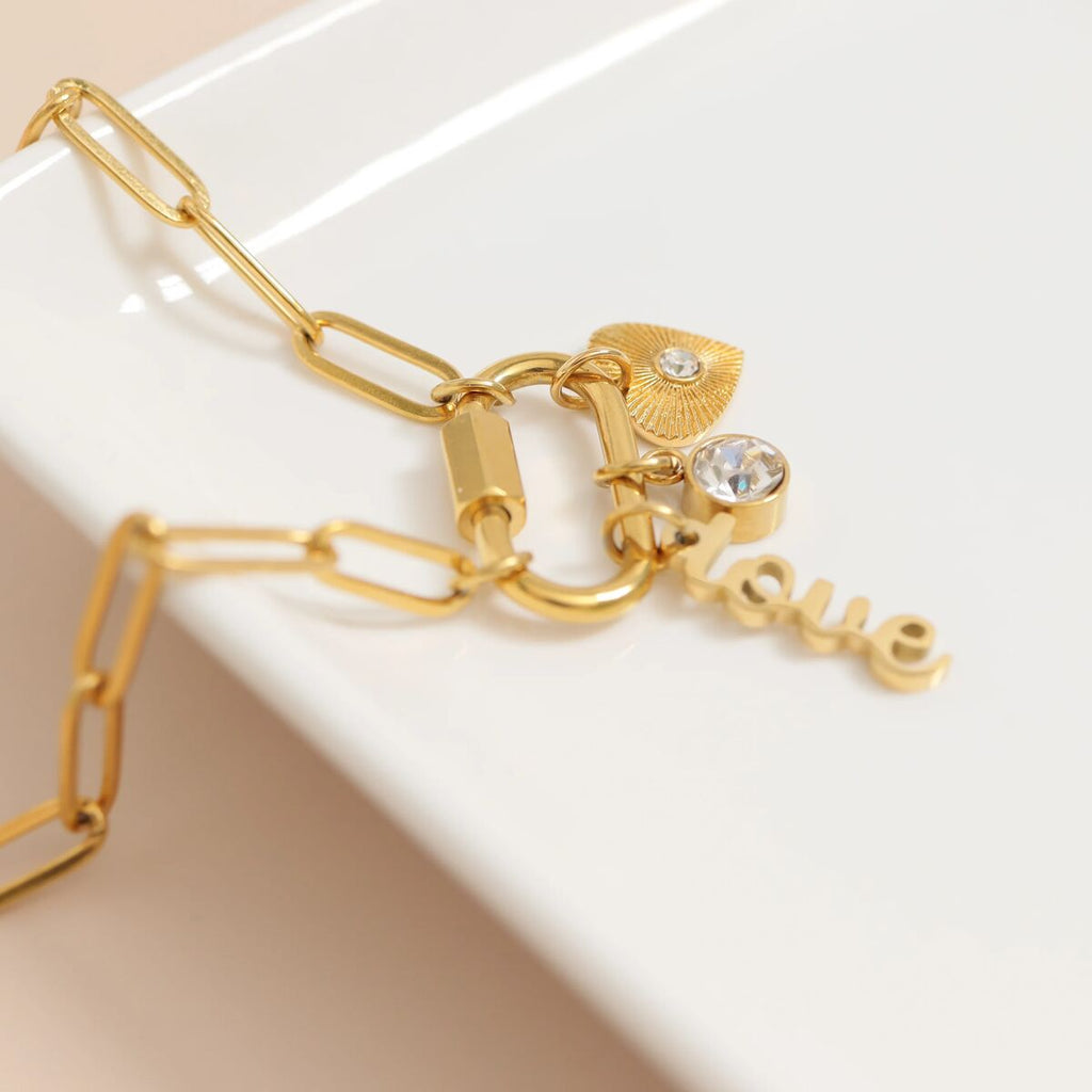 Carabiner Charm Necklace – 18K Gold Paperclip Chain With Love Charm - Necklace | Sunflower Soul Boutique
