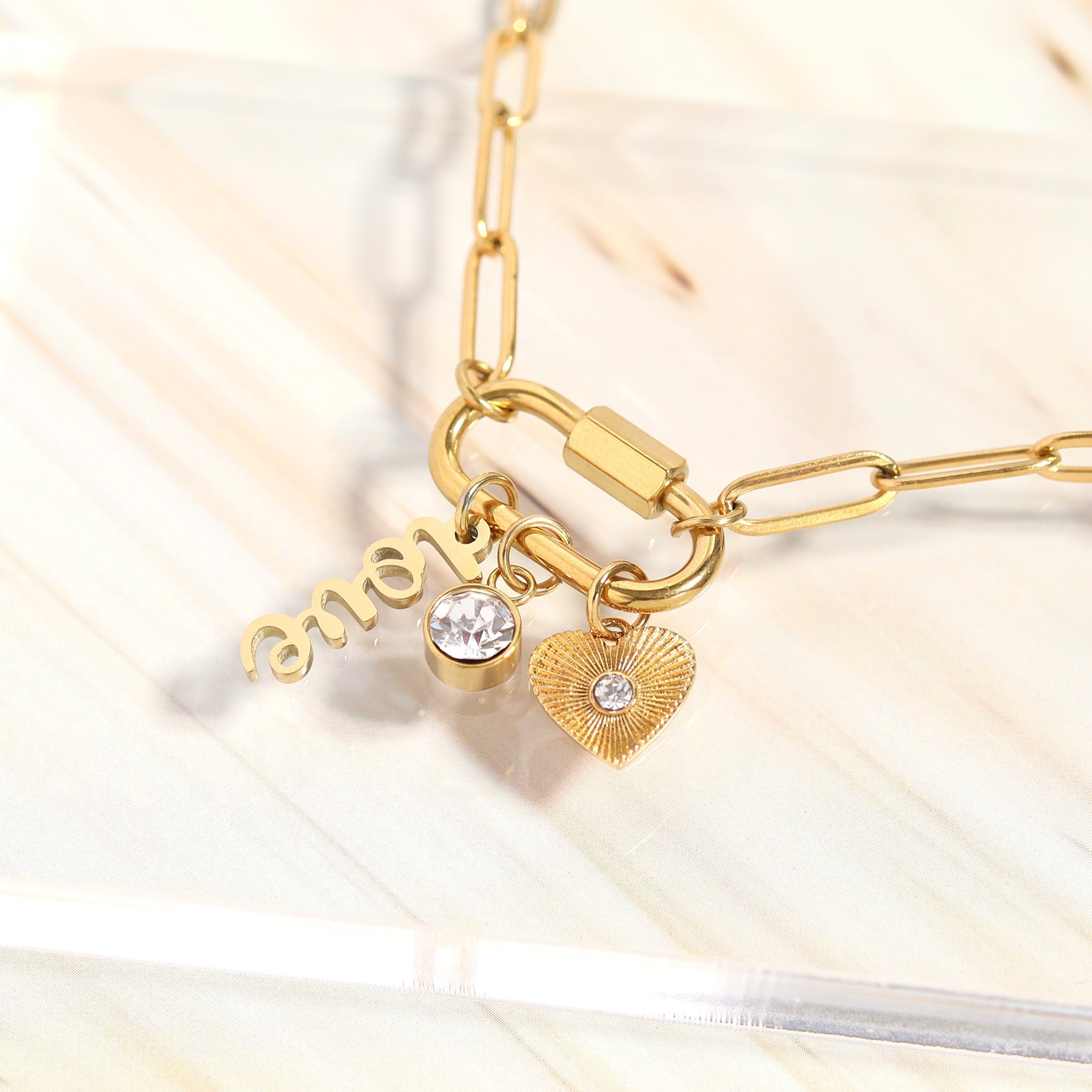 Carabiner Charm Necklace – 18K Gold Paperclip Chain With Love Charm - Necklace | Sunflower Soul Boutique