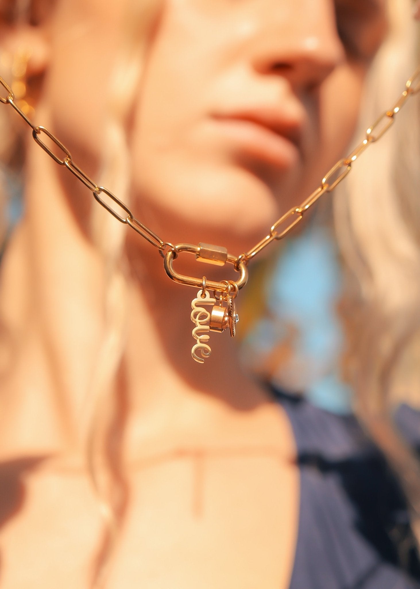 Carabiner Charm Necklace – 18K Gold Paperclip Chain With Love Charm - Necklace | Sunflower Soul Boutique