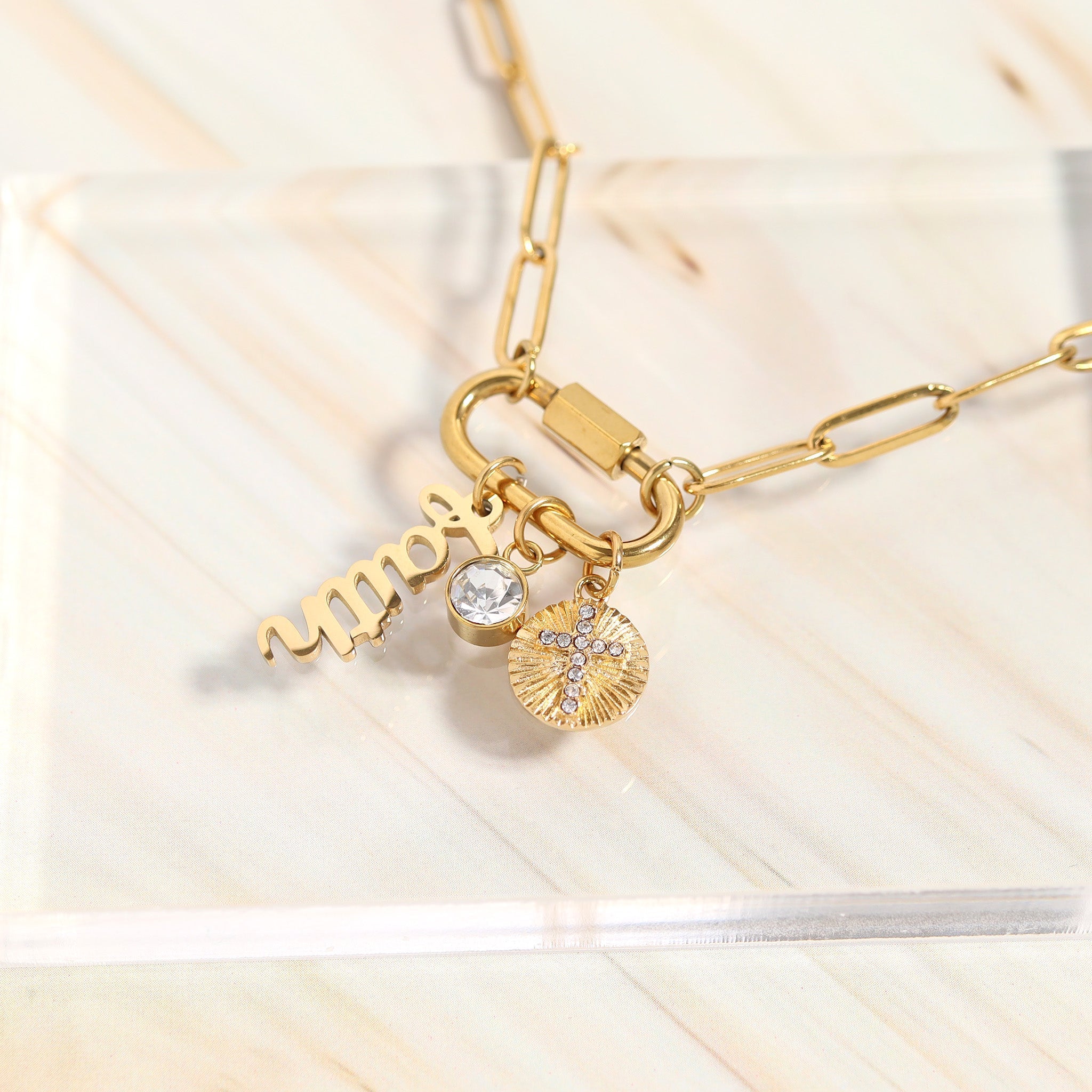Carabiner Charm Necklace – 18K Gold Paperclip Chain With Sunburst Cross Pendant - charm | Sunflower Soul Boutique