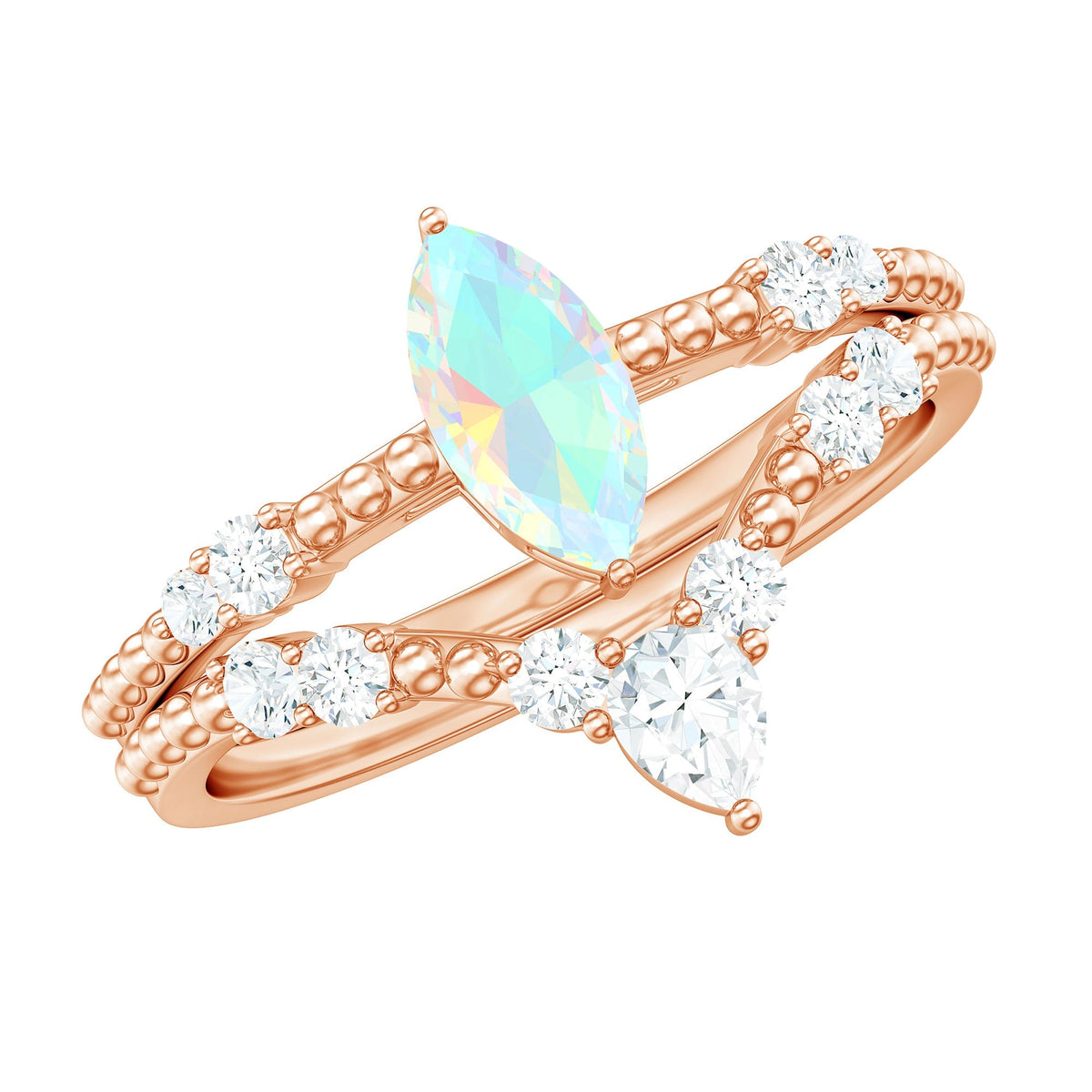 Certified 0.5 Carat Real Ethiopian Opal Marquise Engagement Wedding Ring Set of 2