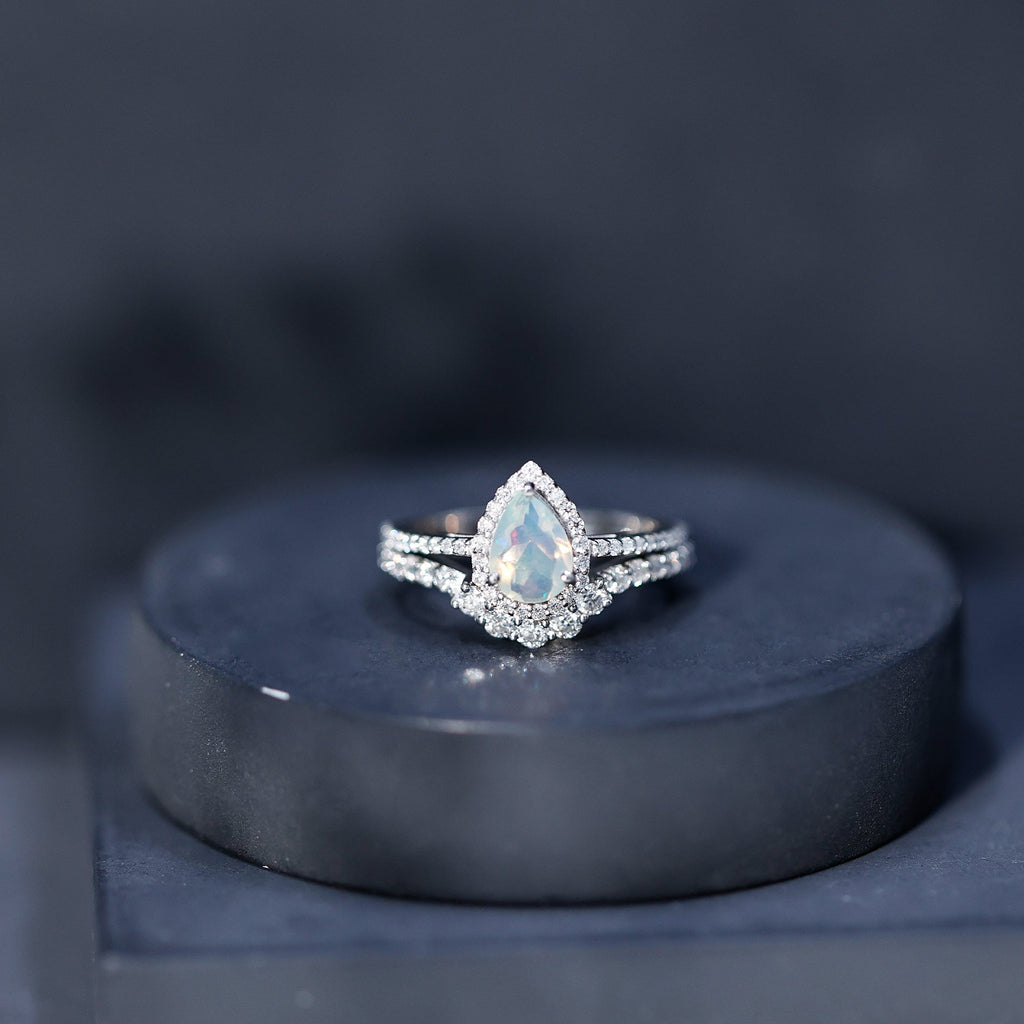 Certified 0.7 Carat Natural Ethiopian Opal Teardrop Wedding Engagement Ring Set of 2
