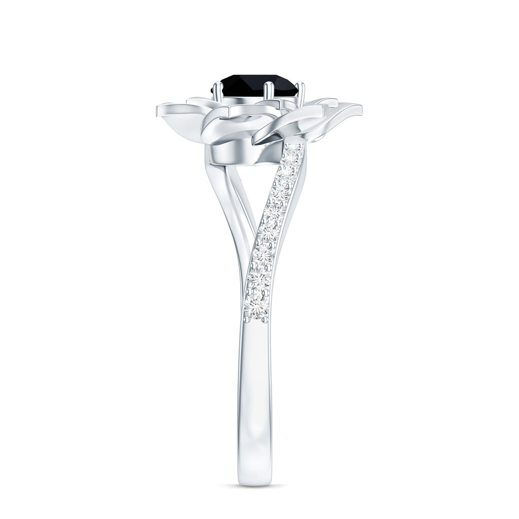 Certified 0.8 Carat Lab Grown Black Diamond Flower Engagement Ring with White Diamond