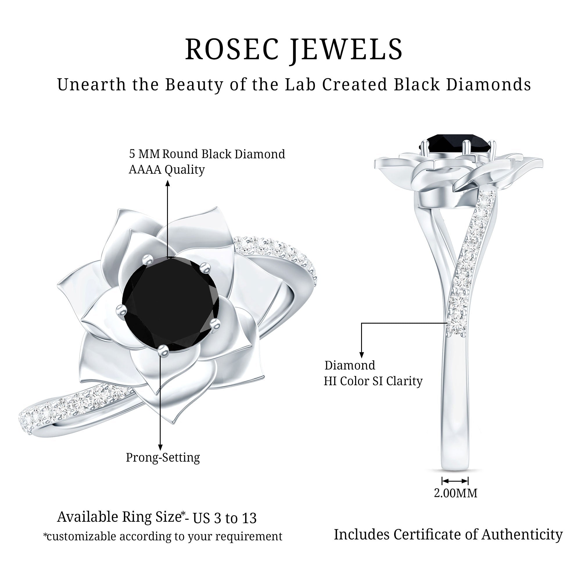 Certified 0.8 Carat Lab Grown Black Diamond Flower Engagement Ring with White Diamond