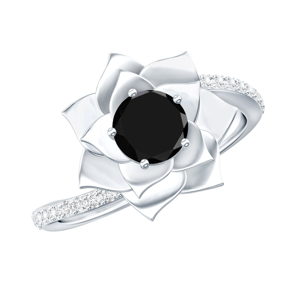 Certified 0.8 Carat Lab Grown Black Diamond Flower Engagement Ring with White Diamond
