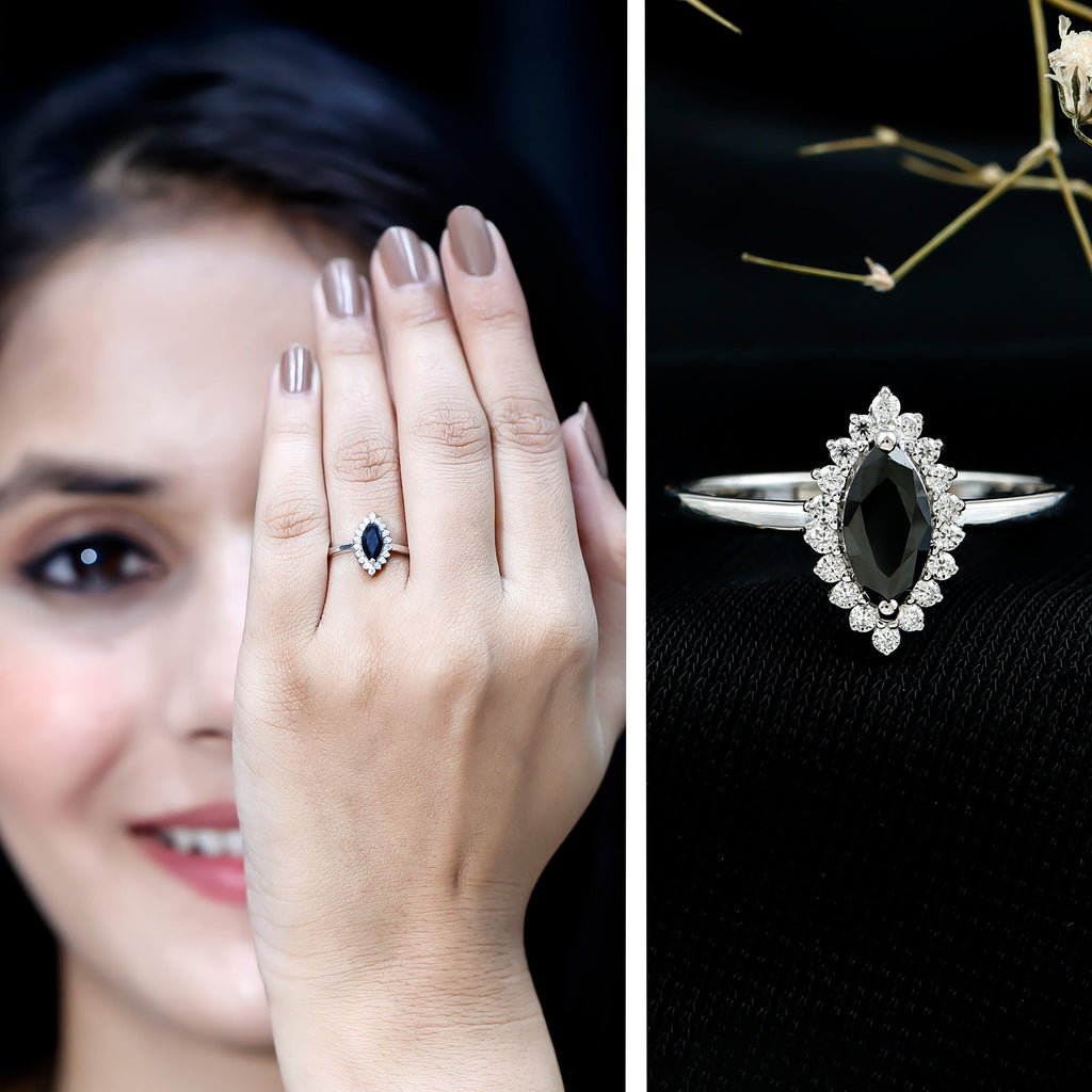 Certified 0.8 Carat Lab Grown Black Diamond Marquise Engagement Ring with Halo