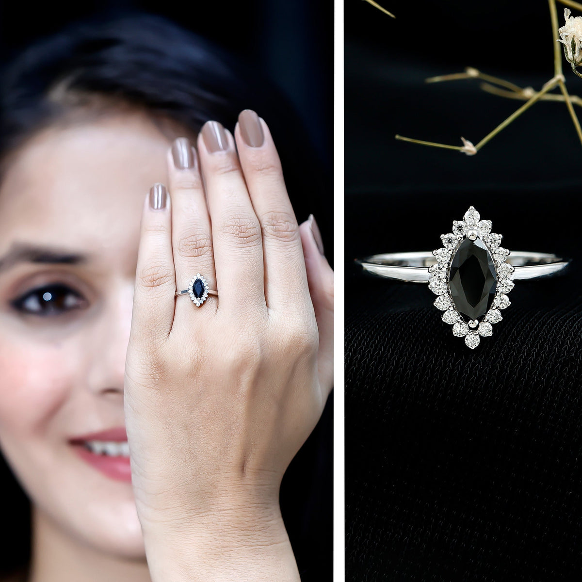 Certified 0.8 Carat Lab Grown Black Diamond Marquise Engagement Ring with Halo