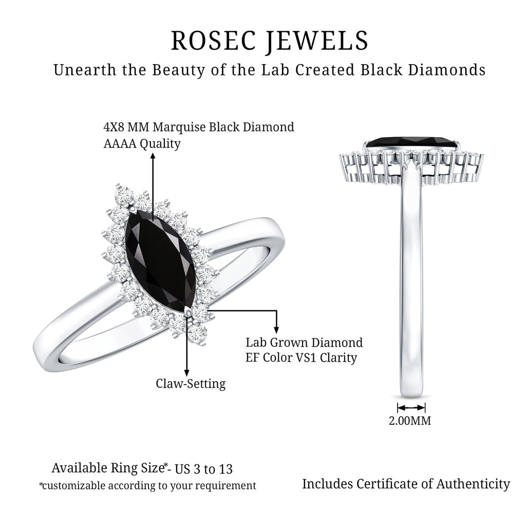 Certified 0.8 Carat Lab Grown Black Diamond Marquise Engagement Ring with Halo