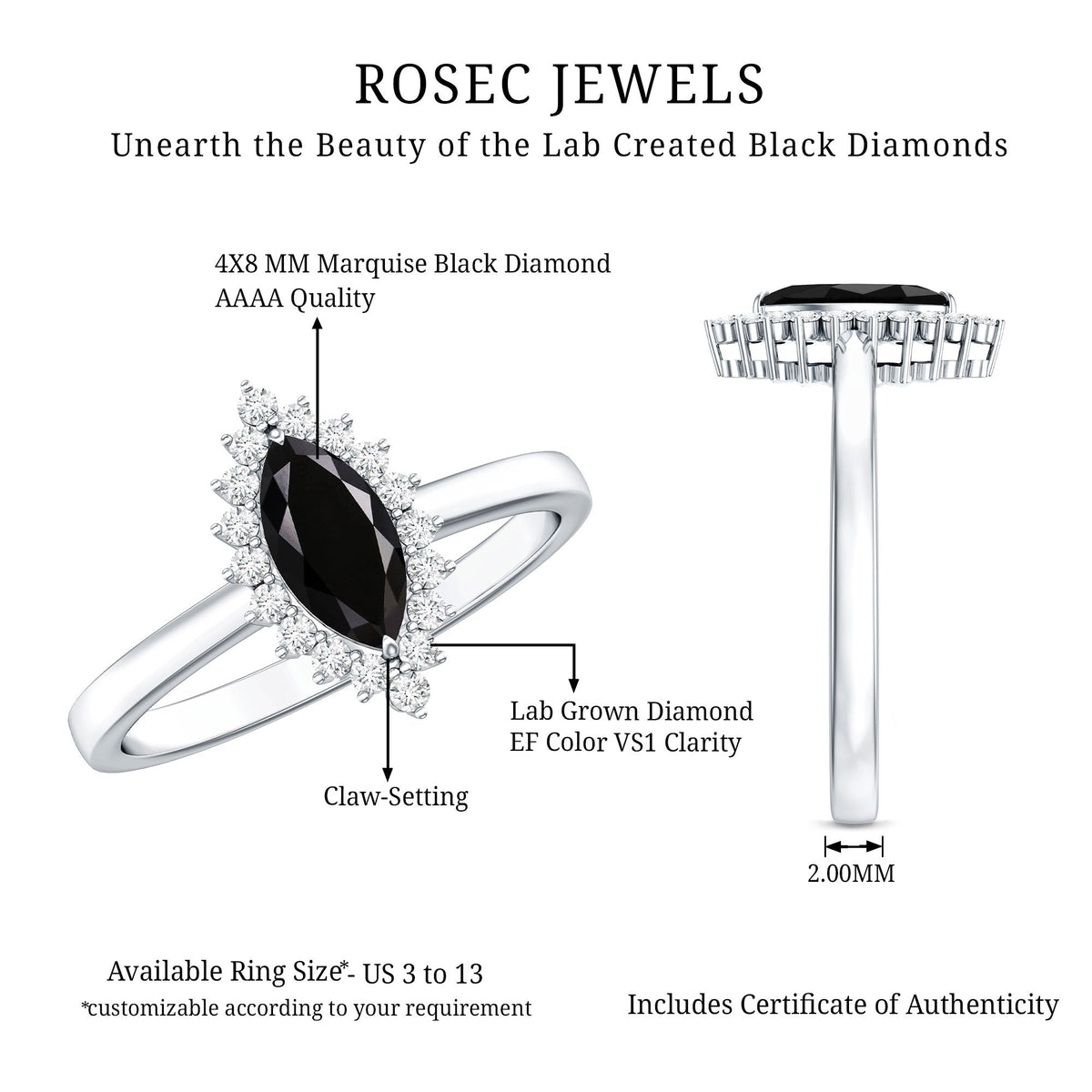 Certified 0.8 Carat Lab Grown Black Diamond Marquise Engagement Ring with Halo