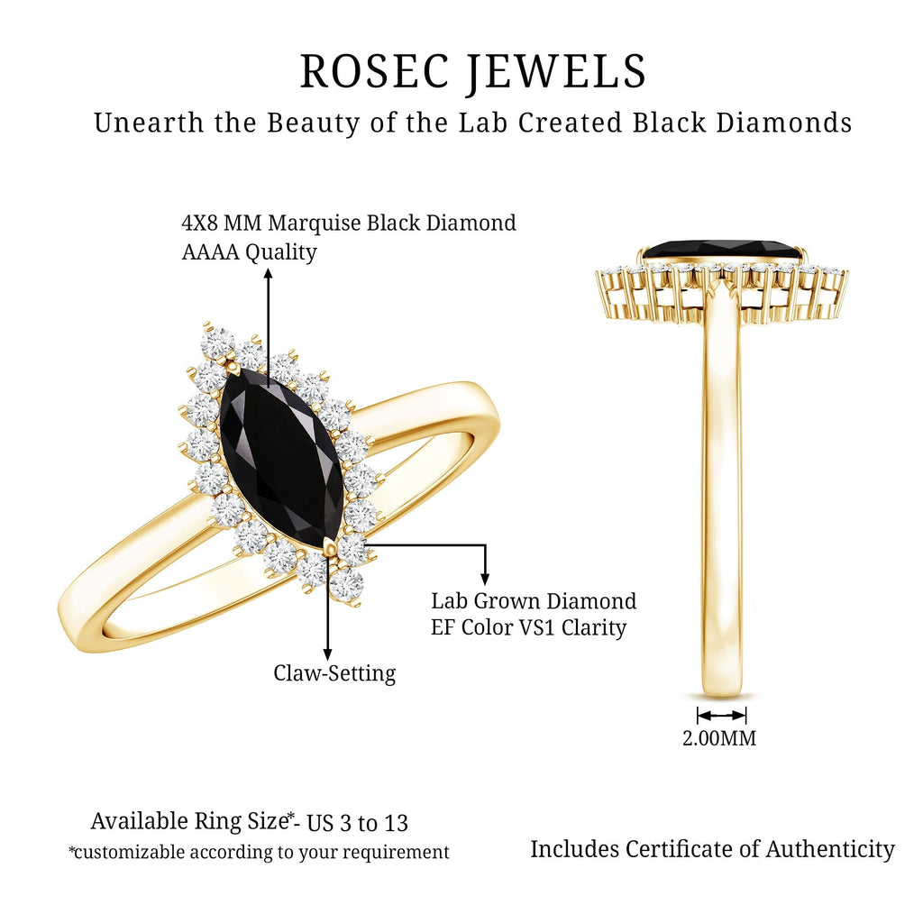 Certified 0.8 Carat Lab Grown Black Diamond Marquise Engagement Ring with Halo