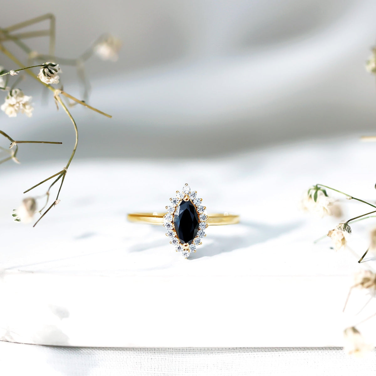 Certified 0.8 Carat Lab Grown Black Diamond Marquise Engagement Ring with Halo