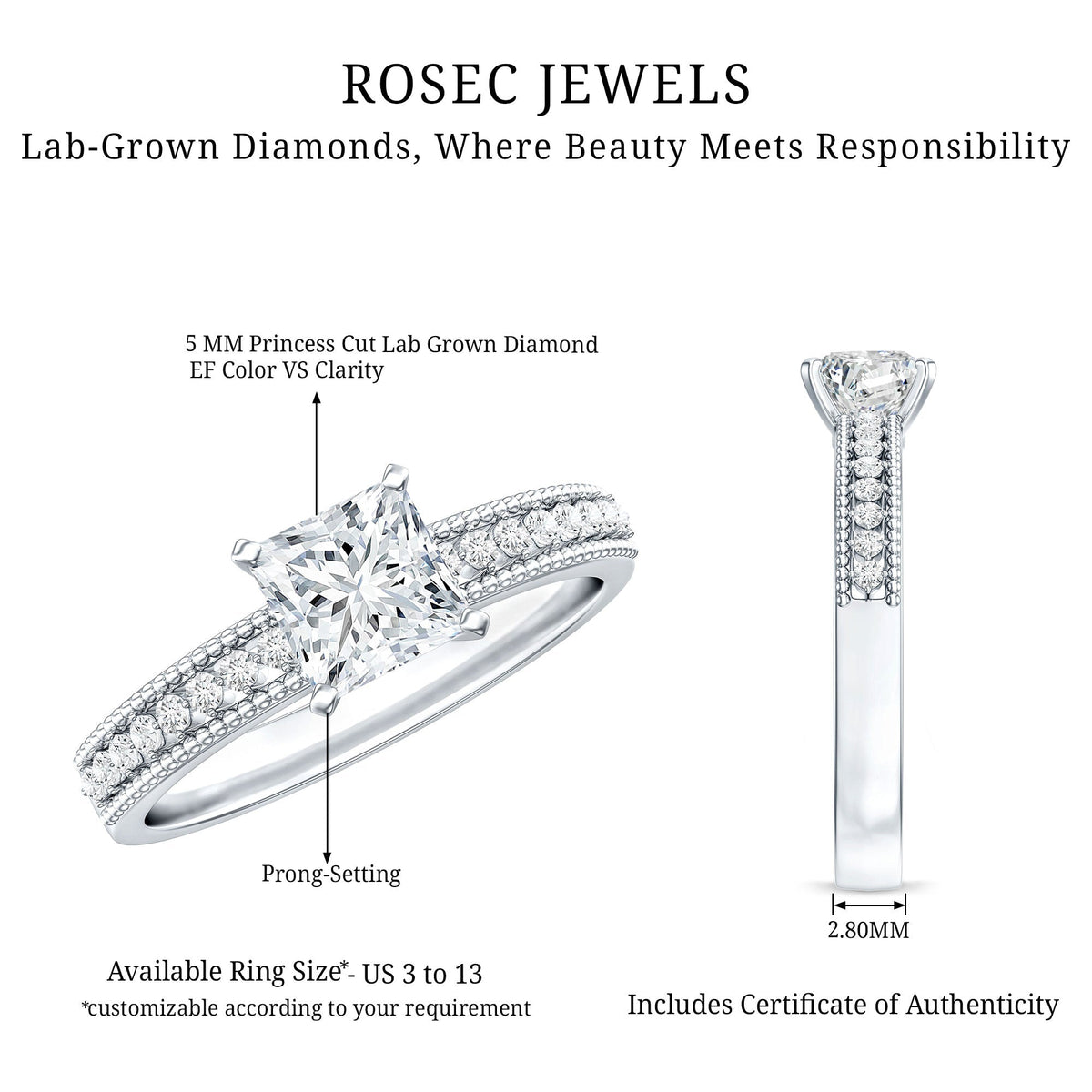 Certified 0.8 Carat Lab Grown Diamond Princess Cut Engagement Ring For Women