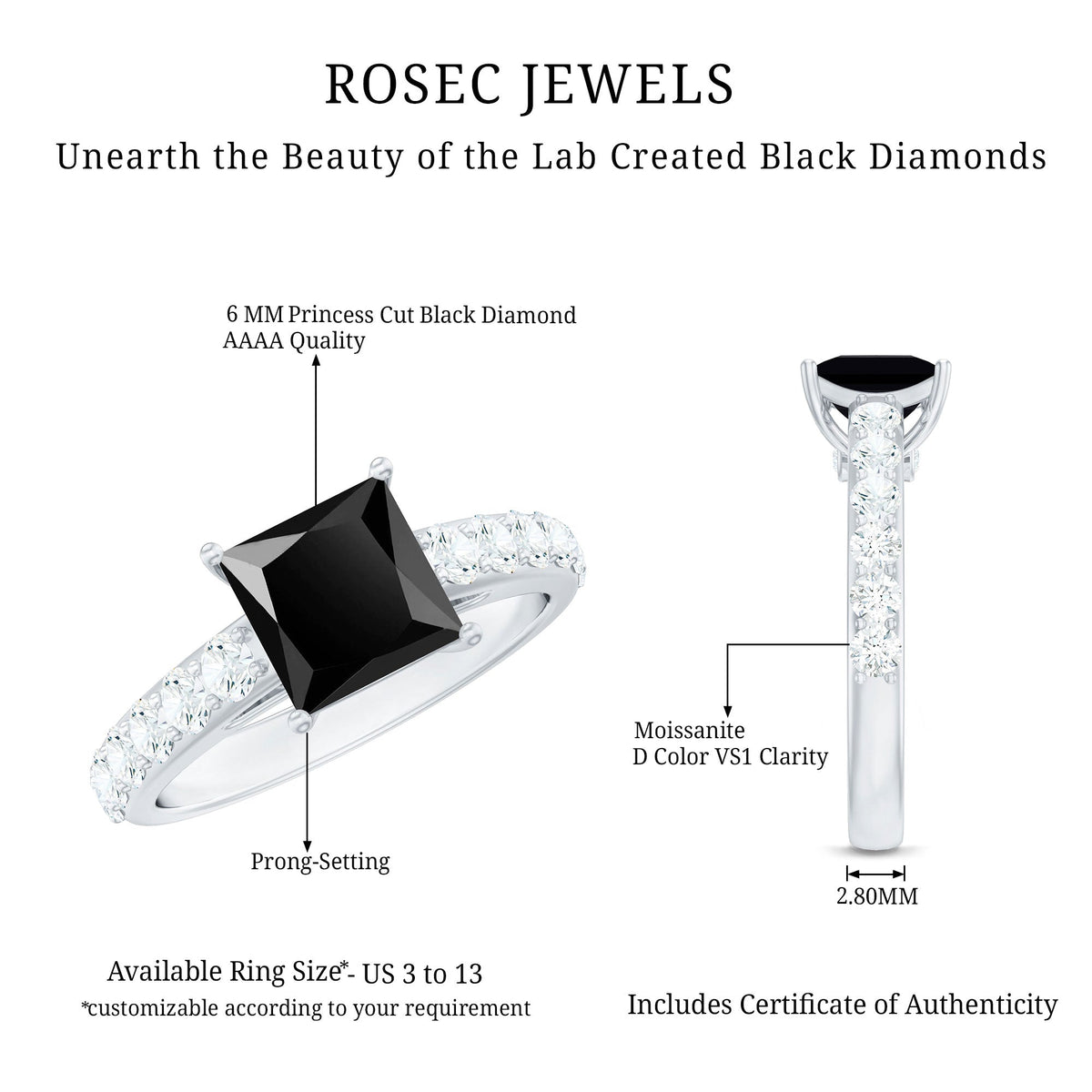 Certified 1 Carat Lab Grown Black Diamond Princess Cut Engagement Ring with Moissanite