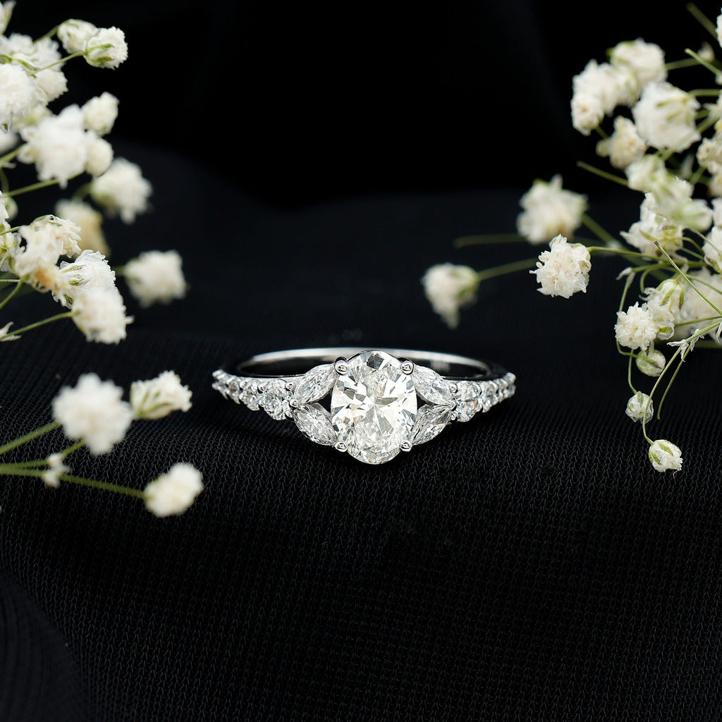 Certified 1 Carat Oval Lab Grown Diamond Engagement Ring With Side Stones