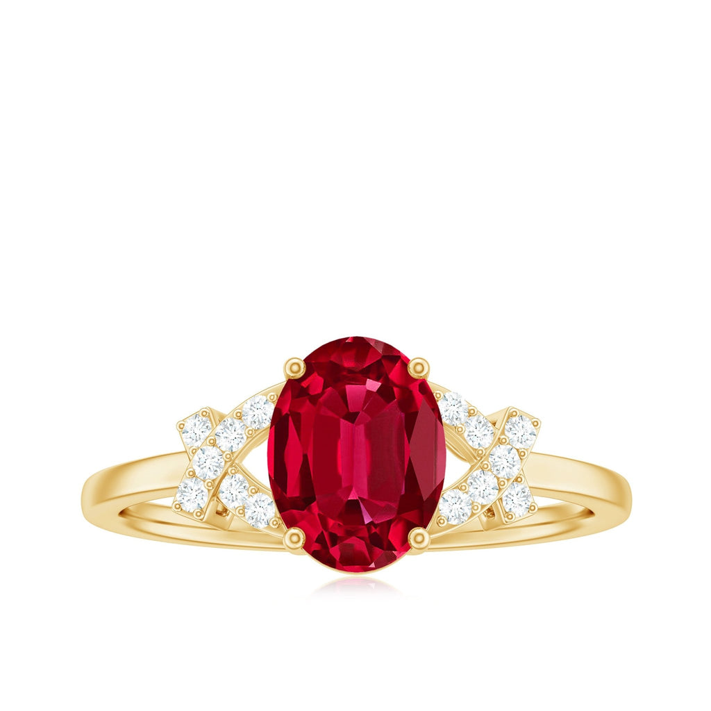 Certified 1.5 Carat Lab Grown Ruby Oval Engagement Ring with Diamond Split Shank