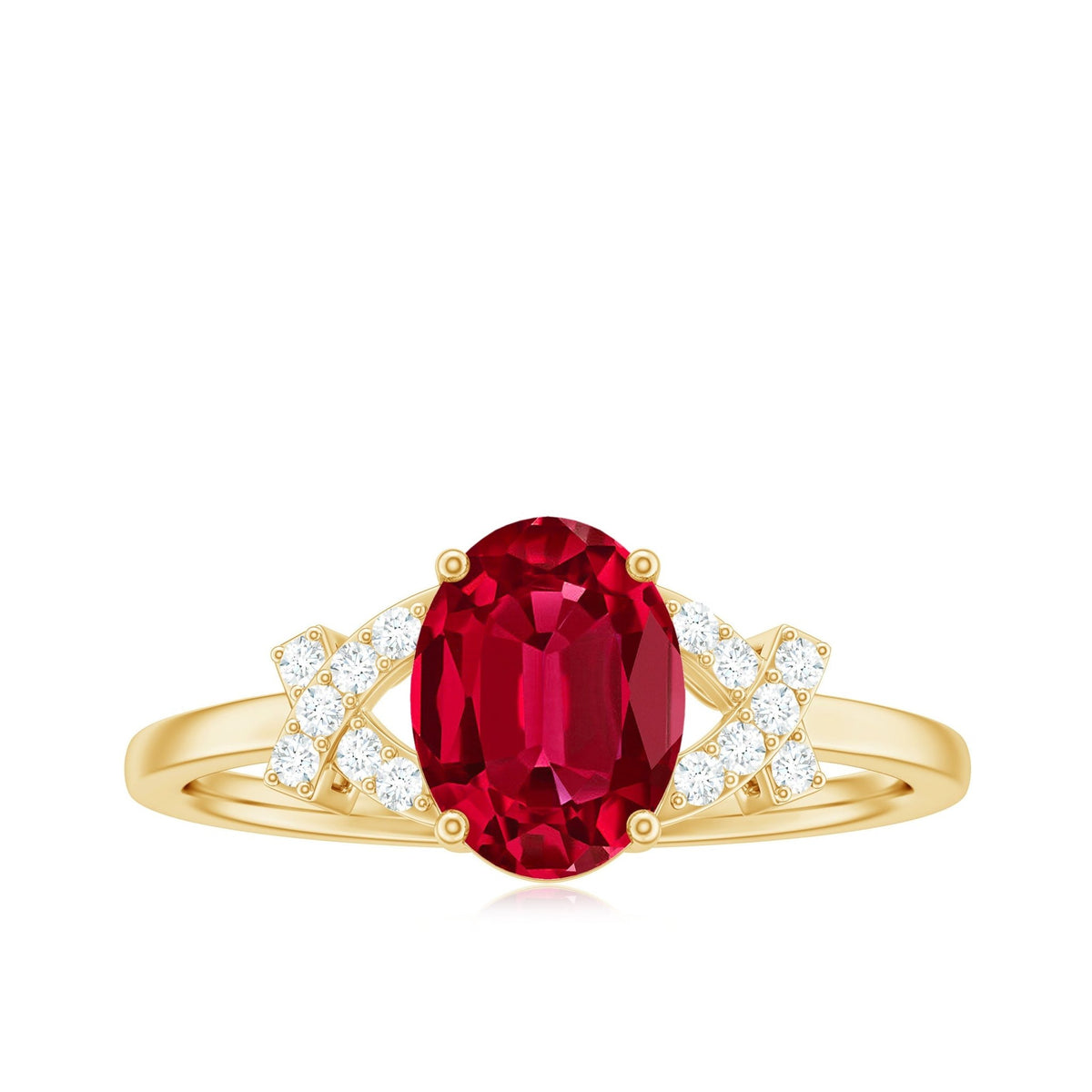 Certified 1.5 Carat Lab Grown Ruby Oval Engagement Ring with Diamond Split Shank