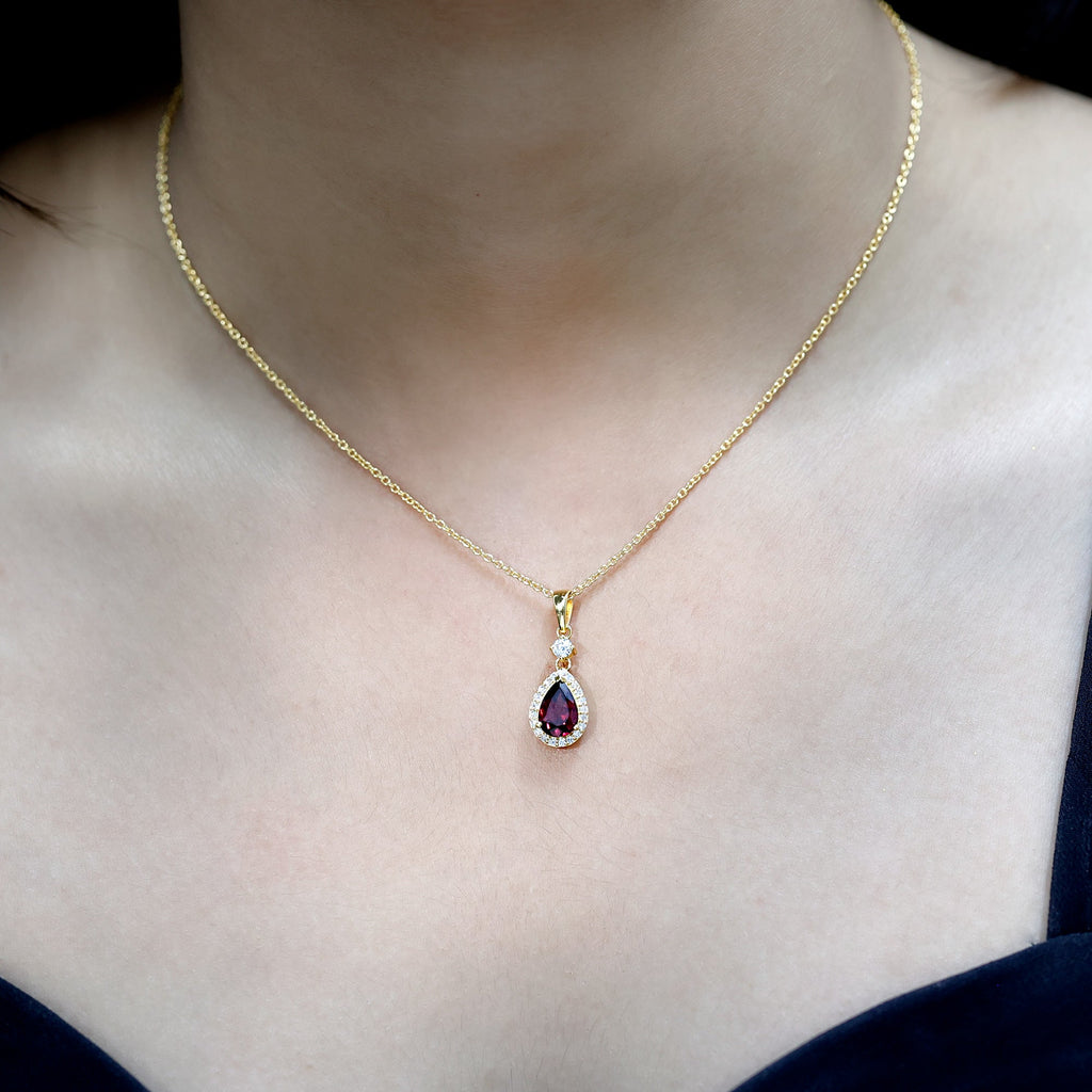 Certified 1.5 Carat Rhodolite Teardrop Necklace with Diamond Halo
