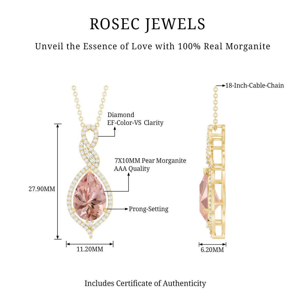 Certified 1.75 Carat Morganite Teardrop Necklace with Diamond