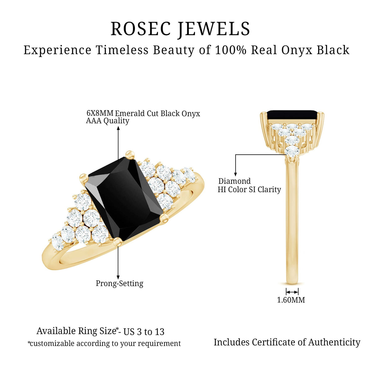 Certified 1.8 Carat Emerald Cut Black Onyx Engagement Ring with Diamonds