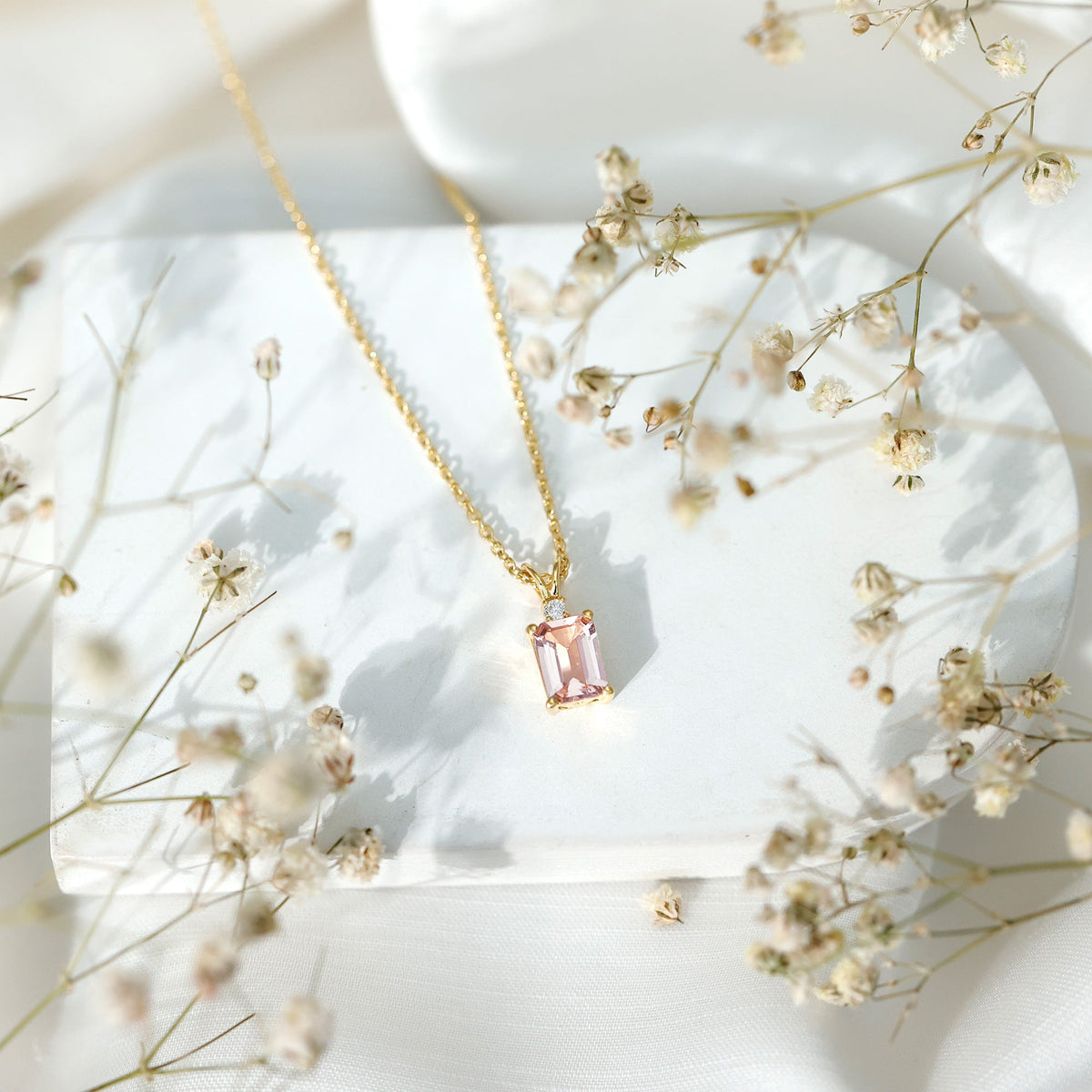 Certified 1.8 Carat Emerald Cut Morganite Solitaire Necklace with Silver Chain