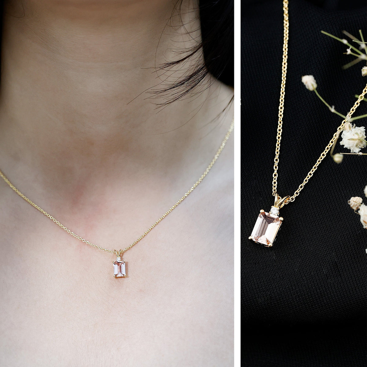 Certified 1.8 Carat Emerald Cut Morganite Solitaire Necklace with Silver Chain