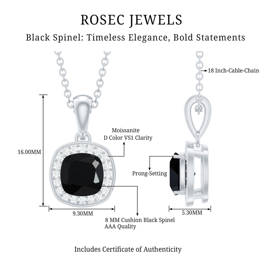 Certified 2 Carat Cushion Cut Black Spinel Necklace with Moissanite Halo