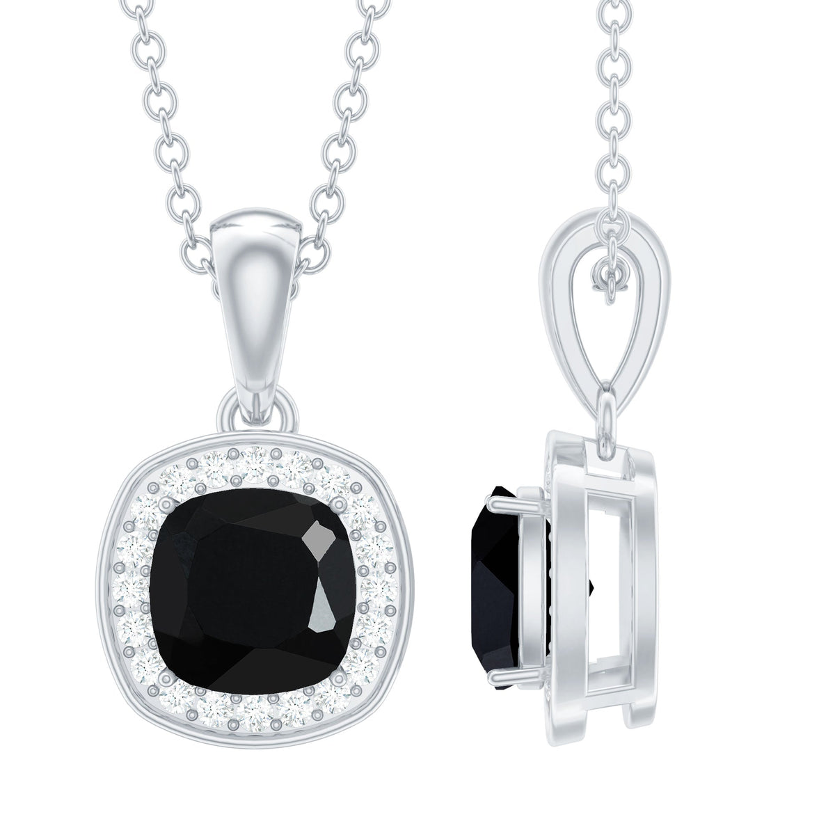 Certified 2 Carat Cushion Cut Black Spinel Necklace with Moissanite Halo