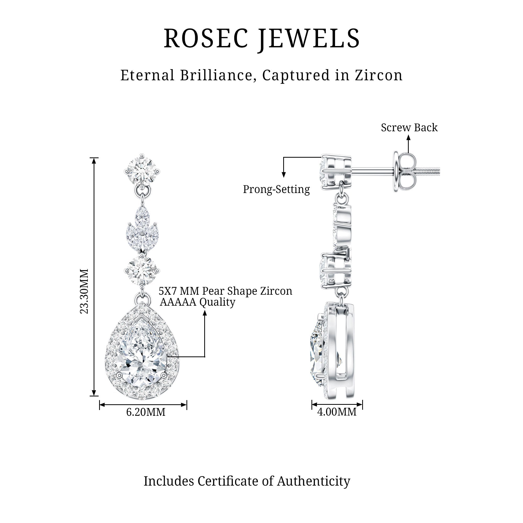 Certified 2 Carat CZ and Silver Teardrop Dangle Earrings for Wedding