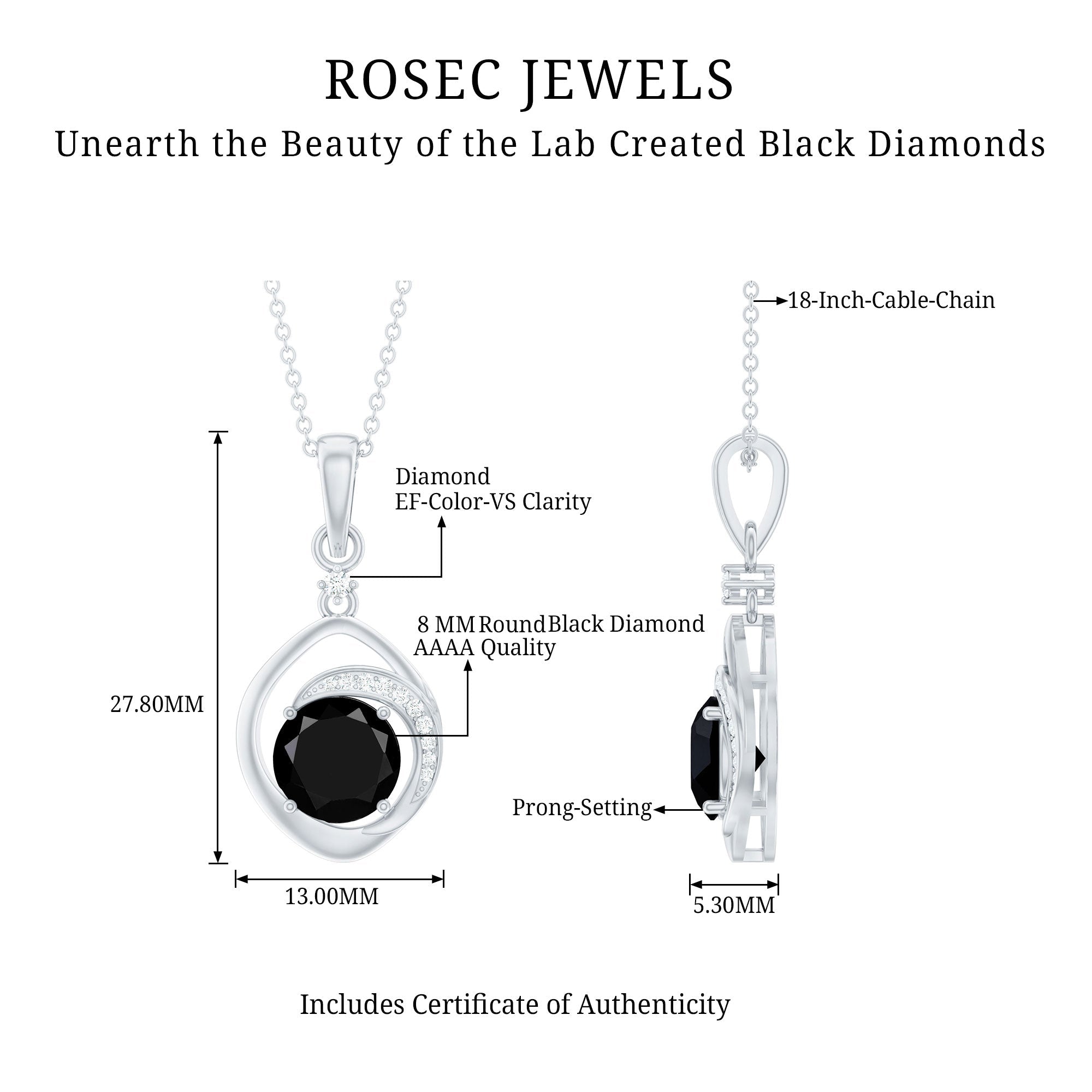 Certified 2 Carat Lab Grown Black and White Diamond Drop Necklace